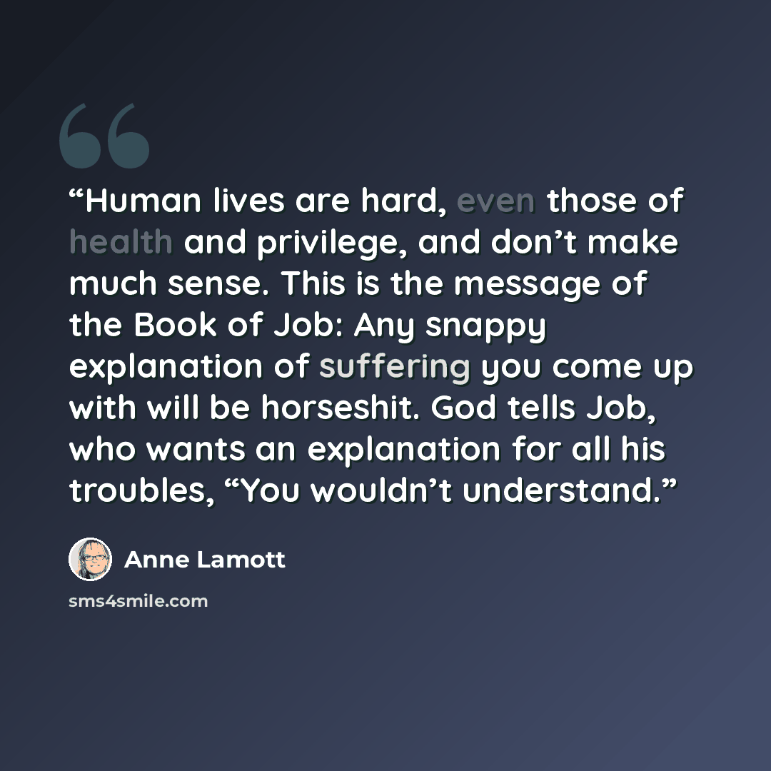 “Human lives are hard, even those of health and privilege, and don’t make much sense. This is the message of the Book of Job: Any snappy explanation of suffering you come up with will be horseshit. God tells Job, who wants an explanation for all his troubles, “You wouldn’t understand.” quote by Anne Lamott