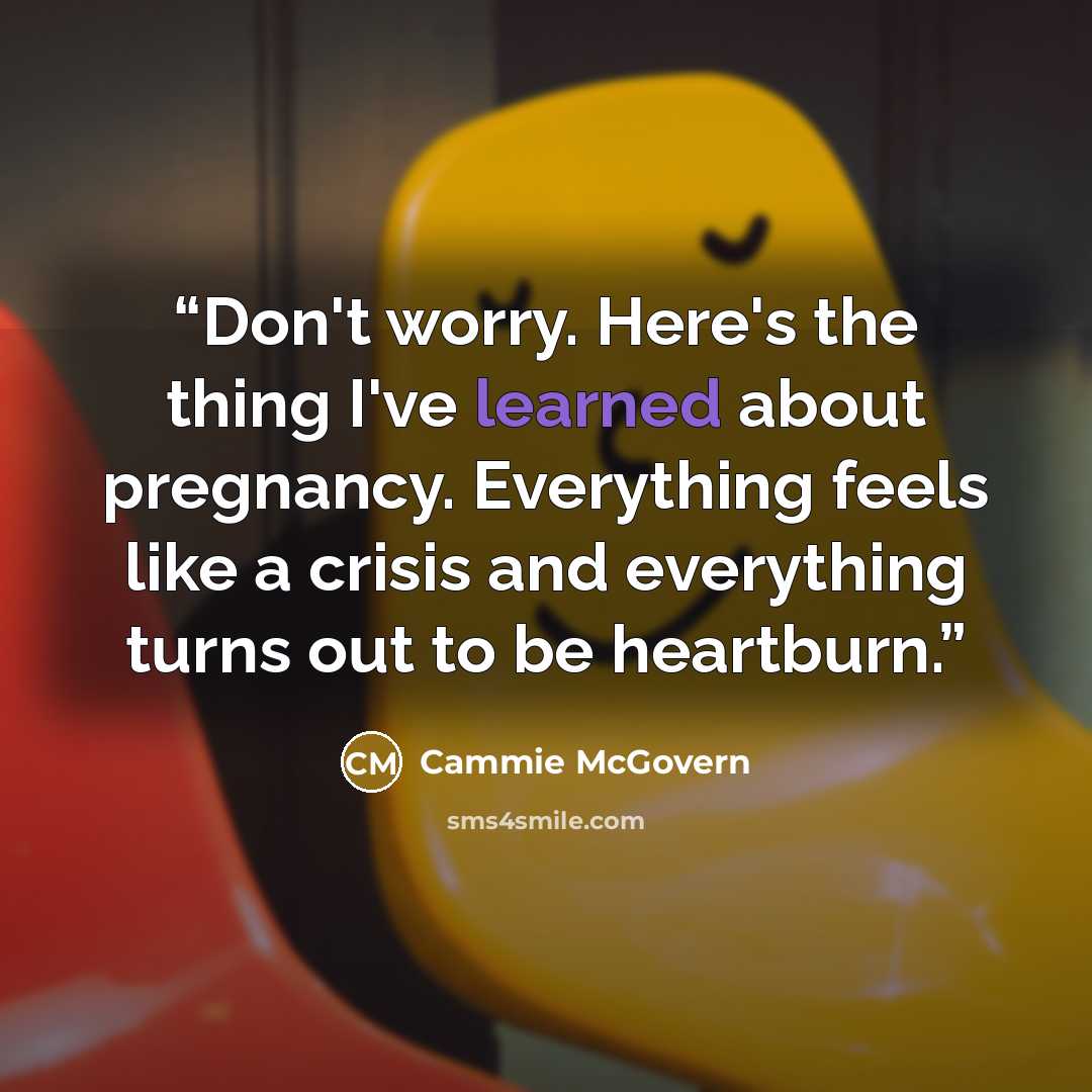 “Don't worry. Here's the thing I've learned about pregnancy. Everything feels like a crisis and everything turns out to be heartburn.” quote by Cammie McGovern