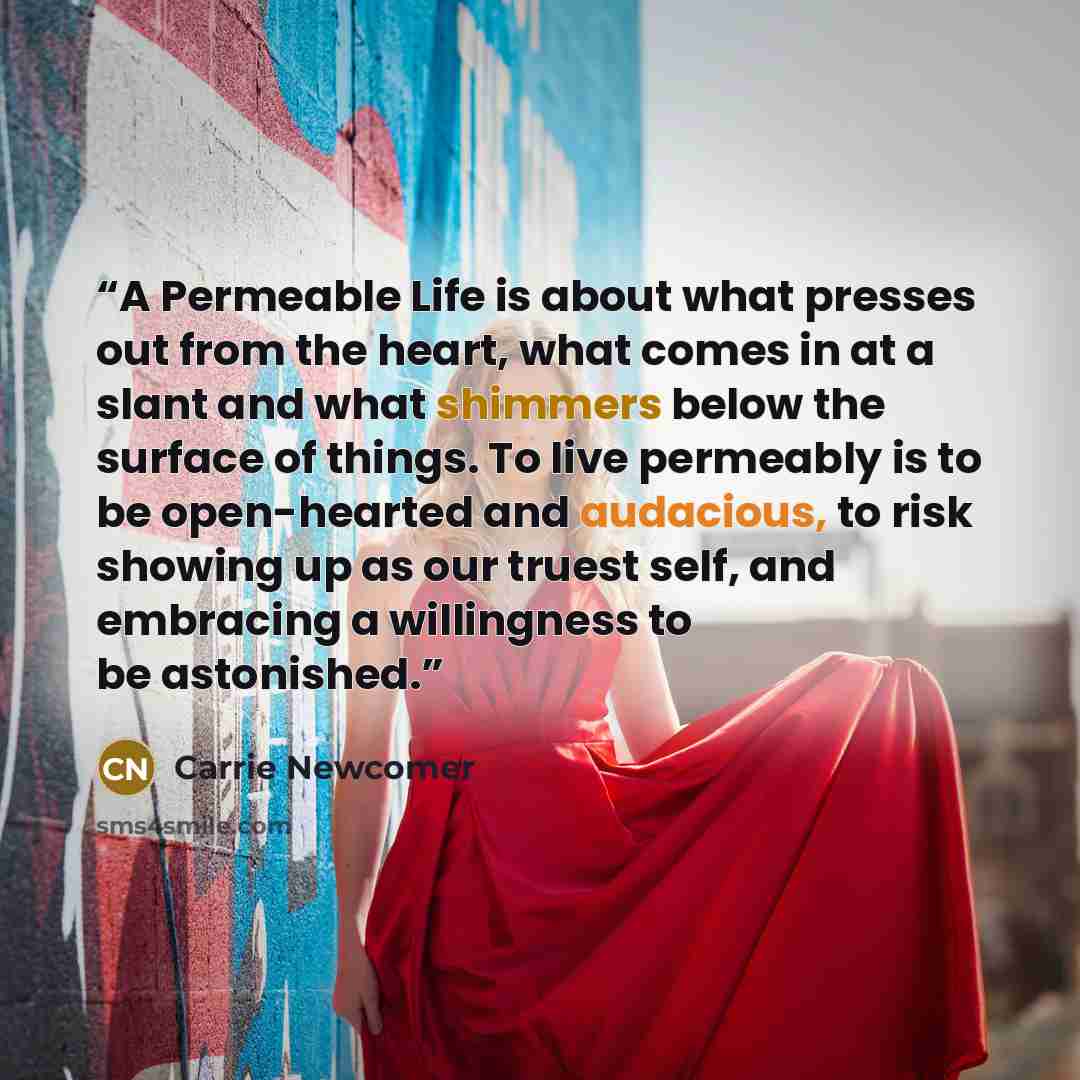 “A Permeable Life is about what presses out from the heart, what comes in at a slant and what shimmers below the surface of things. To live permeably is to be open-hearted and audacious, to risk showing up as our truest self, and embracing a willingness to be astonished.” quote by Carrie Newcomer
