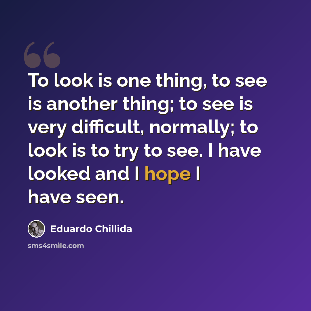 “To look is one thing, to see is another thing; to see is very difficult, normally; to look is to try to see. I have looked and I hope I have seen.” quote by Eduardo Chillida