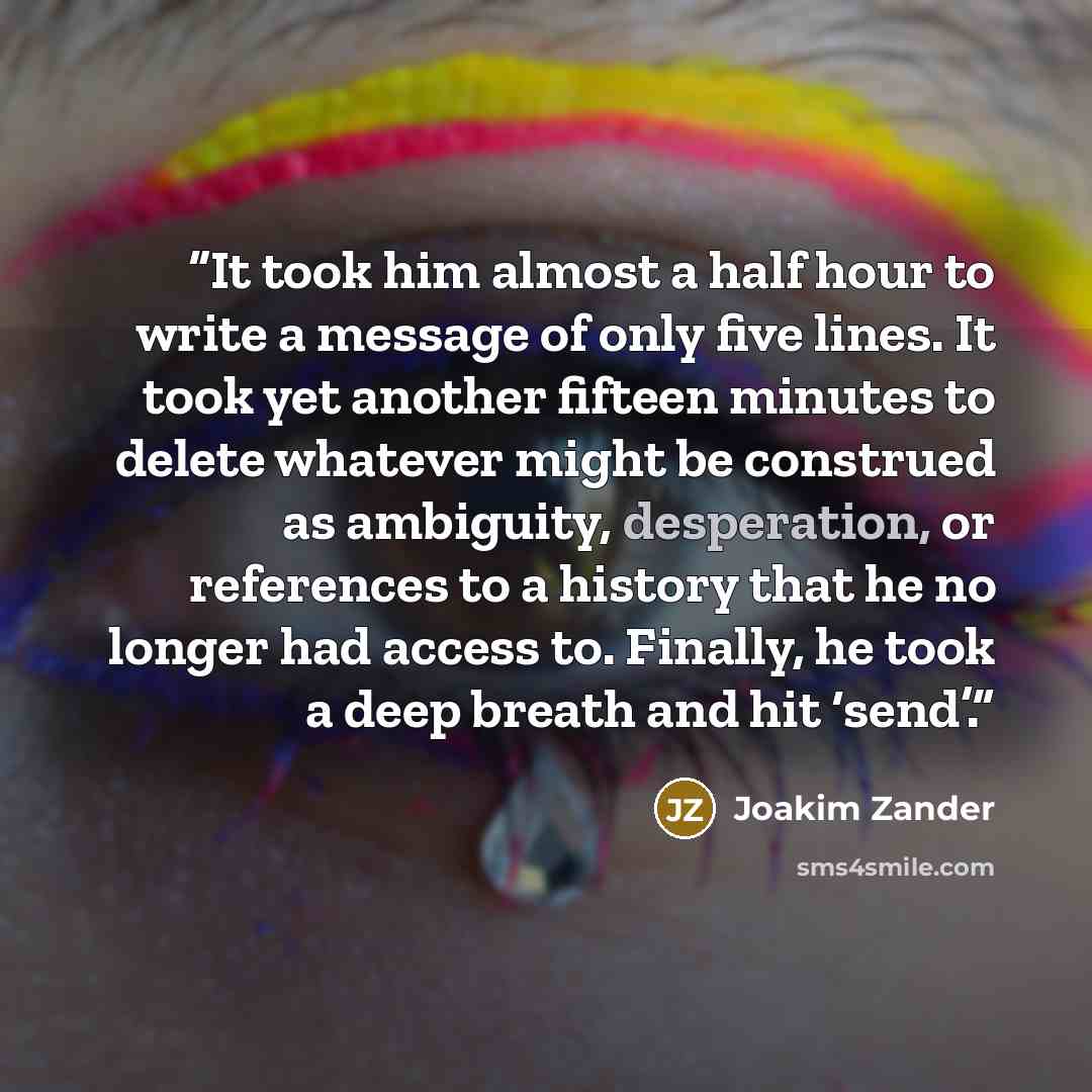 “It took him almost a half hour to write a message of only five lines. It took yet another fifteen minutes to delete whatever might be construed as ambiguity, desperation, or references to a history that he no longer had access to. Finally, he took a deep breath and hit ‘send’.” quote by Joakim Zander
