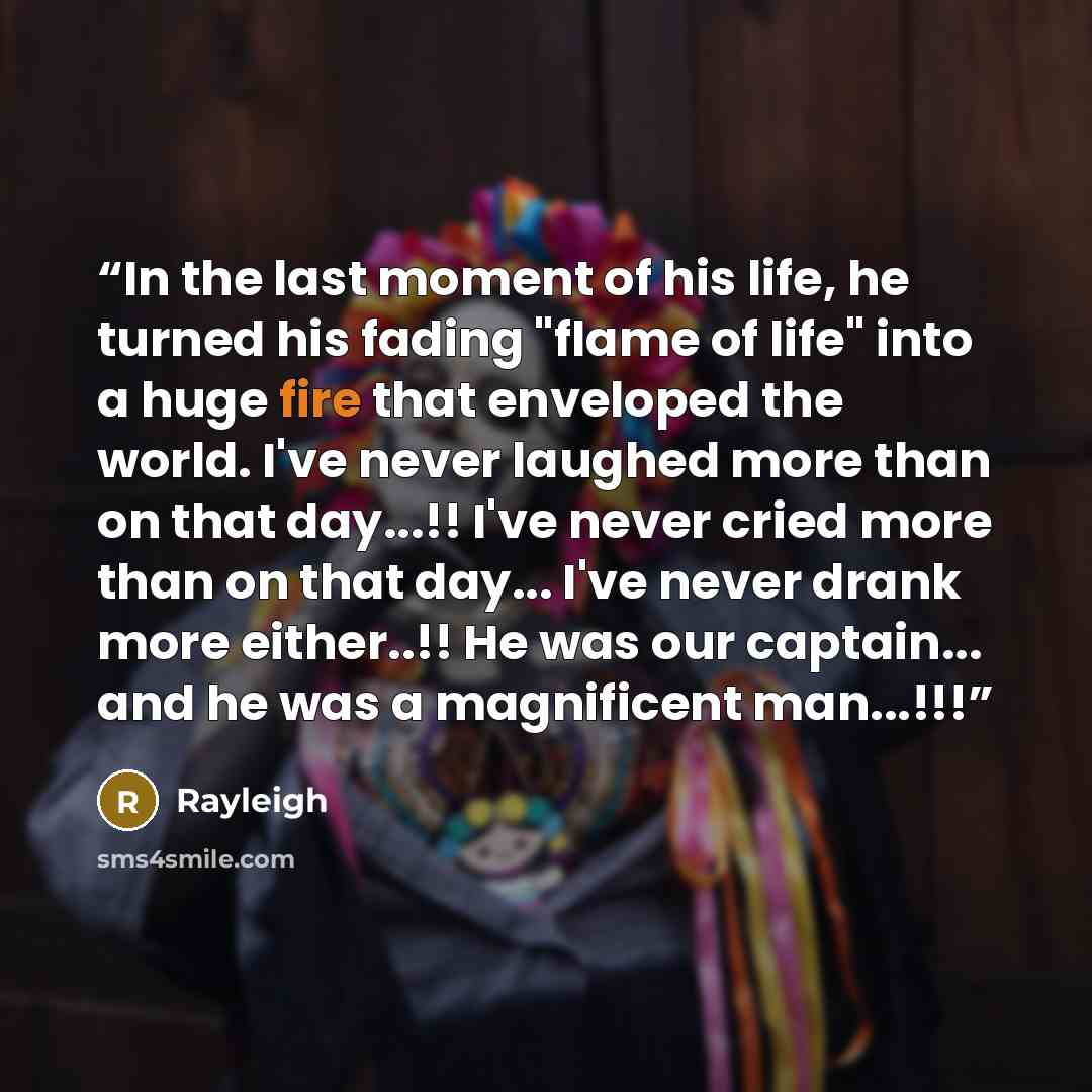 “In the last moment of his life, he turned his fading "flame of life" into a huge fire that enveloped the world. I've never laughed more than on that day...!! I've never cried more than on that day... I've never drank more either..!! He was our captain... and he was a magnificent man...!!!” quote by Rayleigh