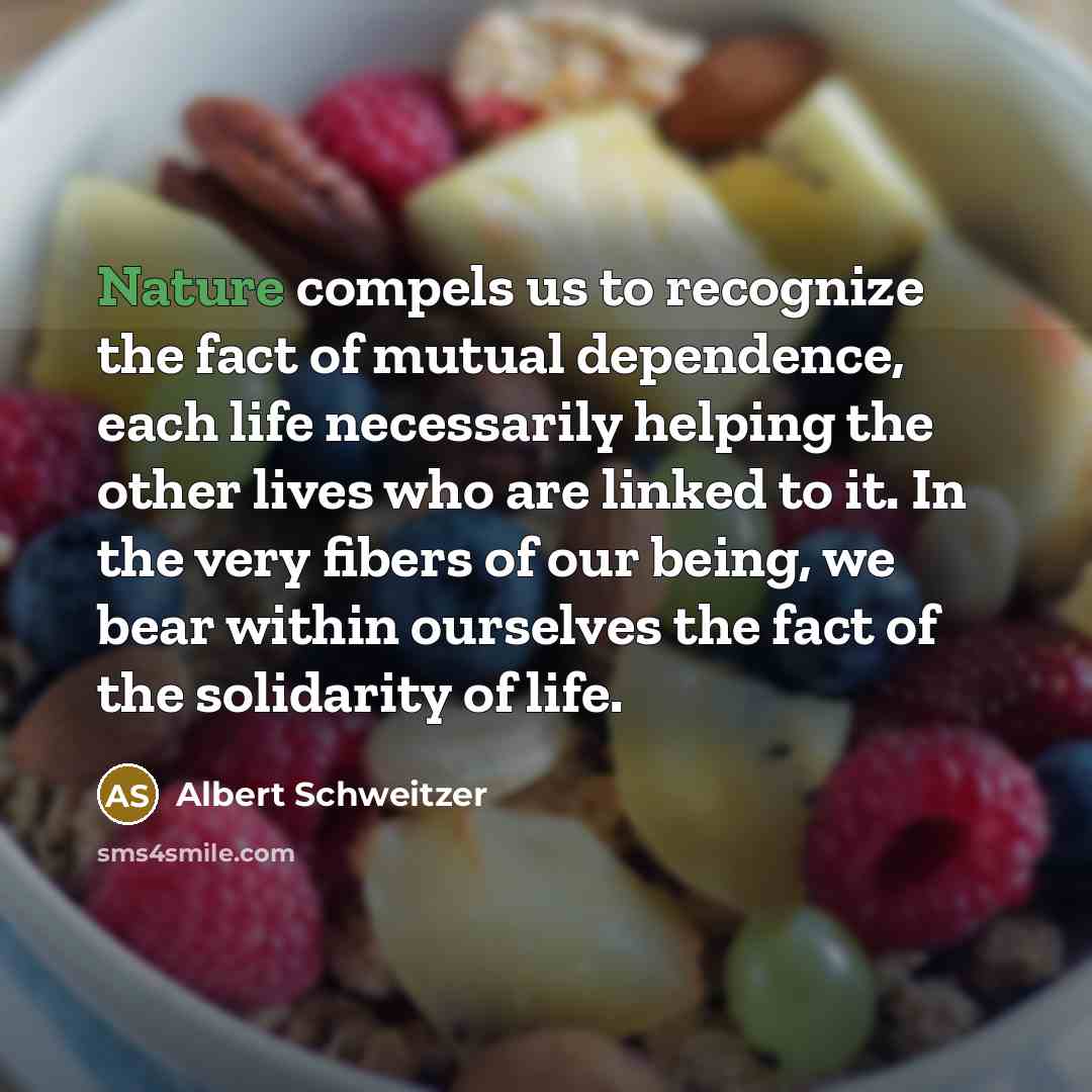 “Nature compels us to recognize the fact of mutual dependence, each life necessarily helping the other lives who are linked to it. In the very fibers of our being, we bear within ourselves the fact of the solidarity of life.” quote by Albert Schweitzer