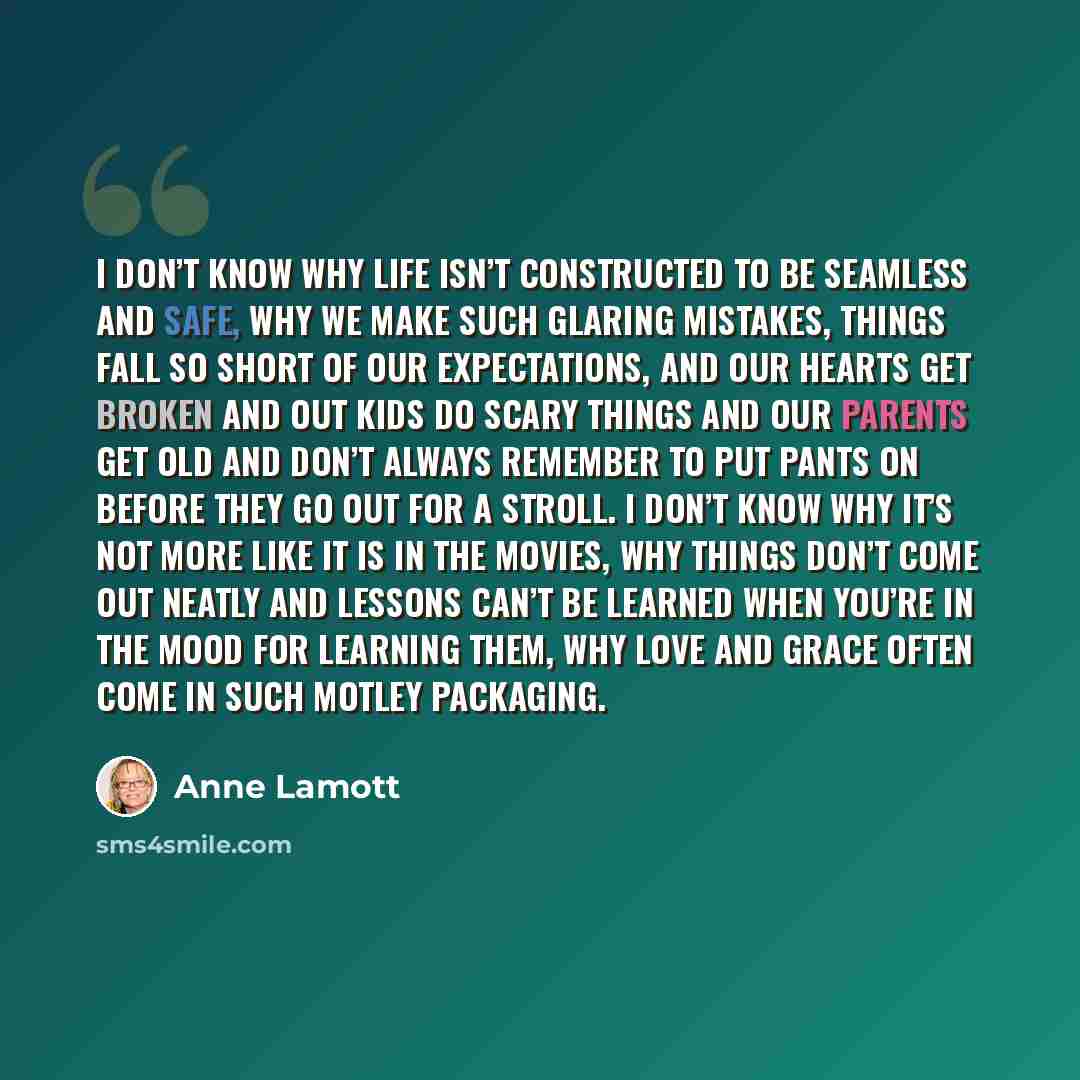 “I don’t know why life isn’t constructed to be seamless and safe, why we make such glaring mistakes, things fall so short of our expectations, and our hearts get broken and out kids do scary things and our parents get old and don’t always remember to put pants on before they go out for a stroll. I…” quote by Anne Lamott