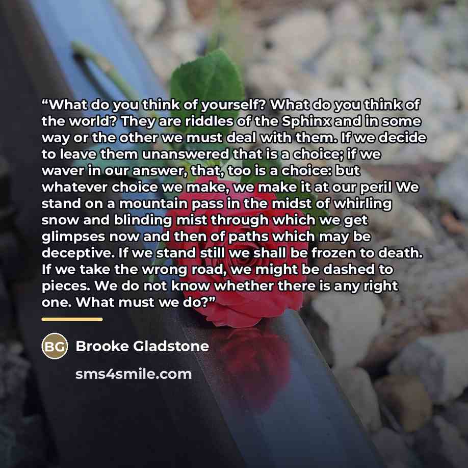 “What do you think of yourself? What do you think of the world? They are riddles of the Sphinx and in some way or the other we must deal with them. If we decide to leave them unanswered that is a choice; if we waver in our answer, that, too is a choice: but whatever choice we make, we make it at…” quote by Brooke Gladstone