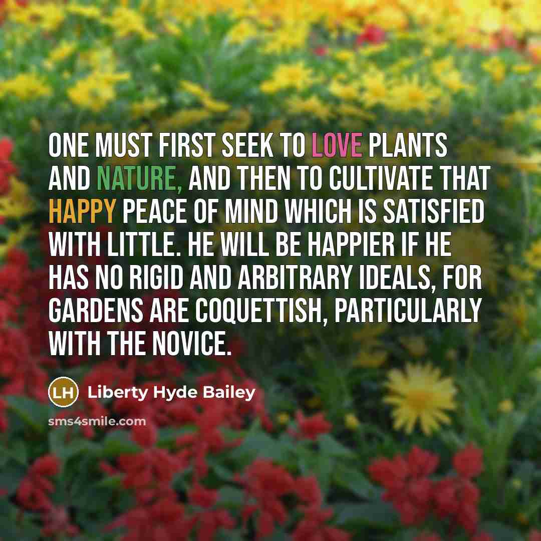 “One must first seek to love plants and nature, and then to cultivate that happy peace of mind which is satisfied with little. He will be happier if he has no rigid and arbitrary ideals, for gardens are coquettish, particularly with the novice.” quote by Liberty Hyde Bailey