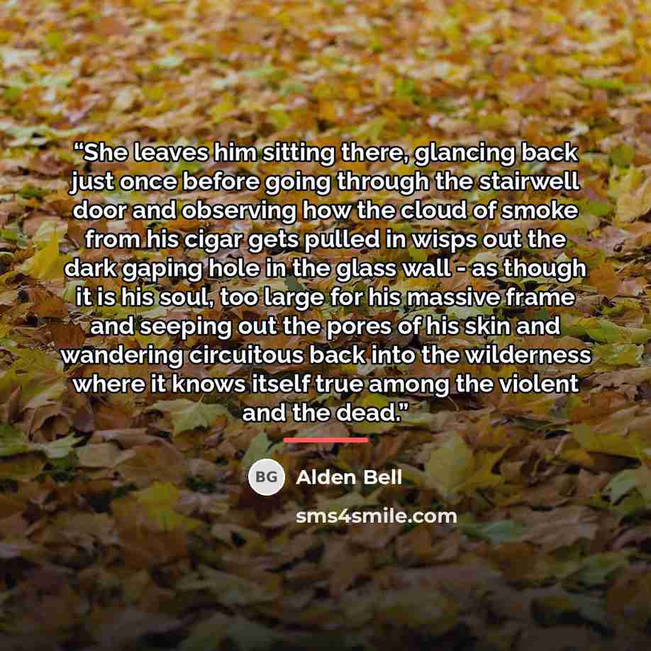 “She leaves him sitting there, glancing back just once before going through the stairwell door and observing how the cloud of smoke from his cigar gets pulled in wisps out the dark gaping hole in the glass wall - as though it is his soul, too large for his massive frame and seeping out the pores of…” quote by Alden Bell