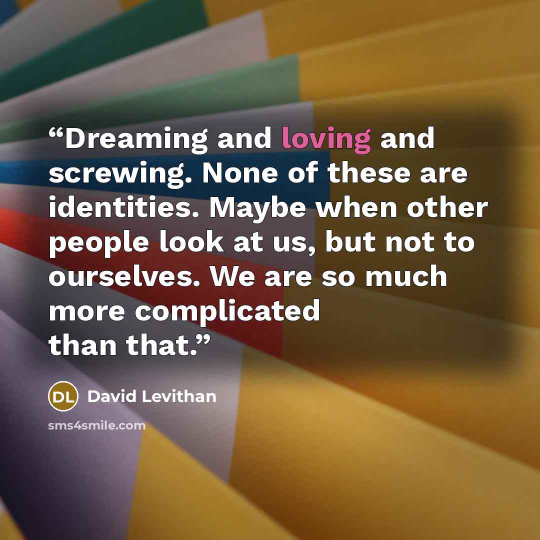 “Dreaming and loving and screwing. None of these are identities. Maybe when other people look at us, but not to ourselves. We are so much more complicated than that.” quote by David Levithan