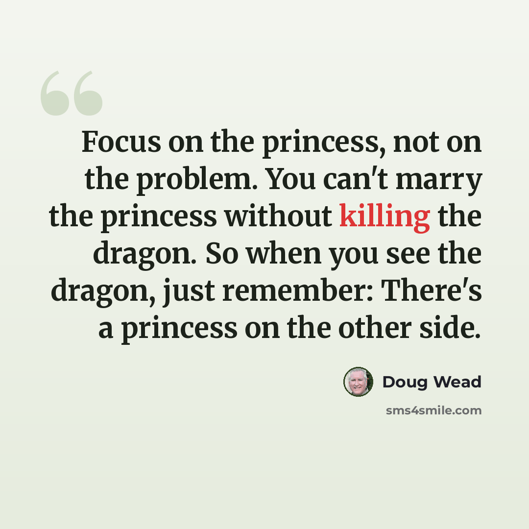 “Focus on the princess, not on the problem. You can't marry the princess without killing the dragon. So when you see the dragon, just remember: There's a princess on the other side.” quote by Doug Wead