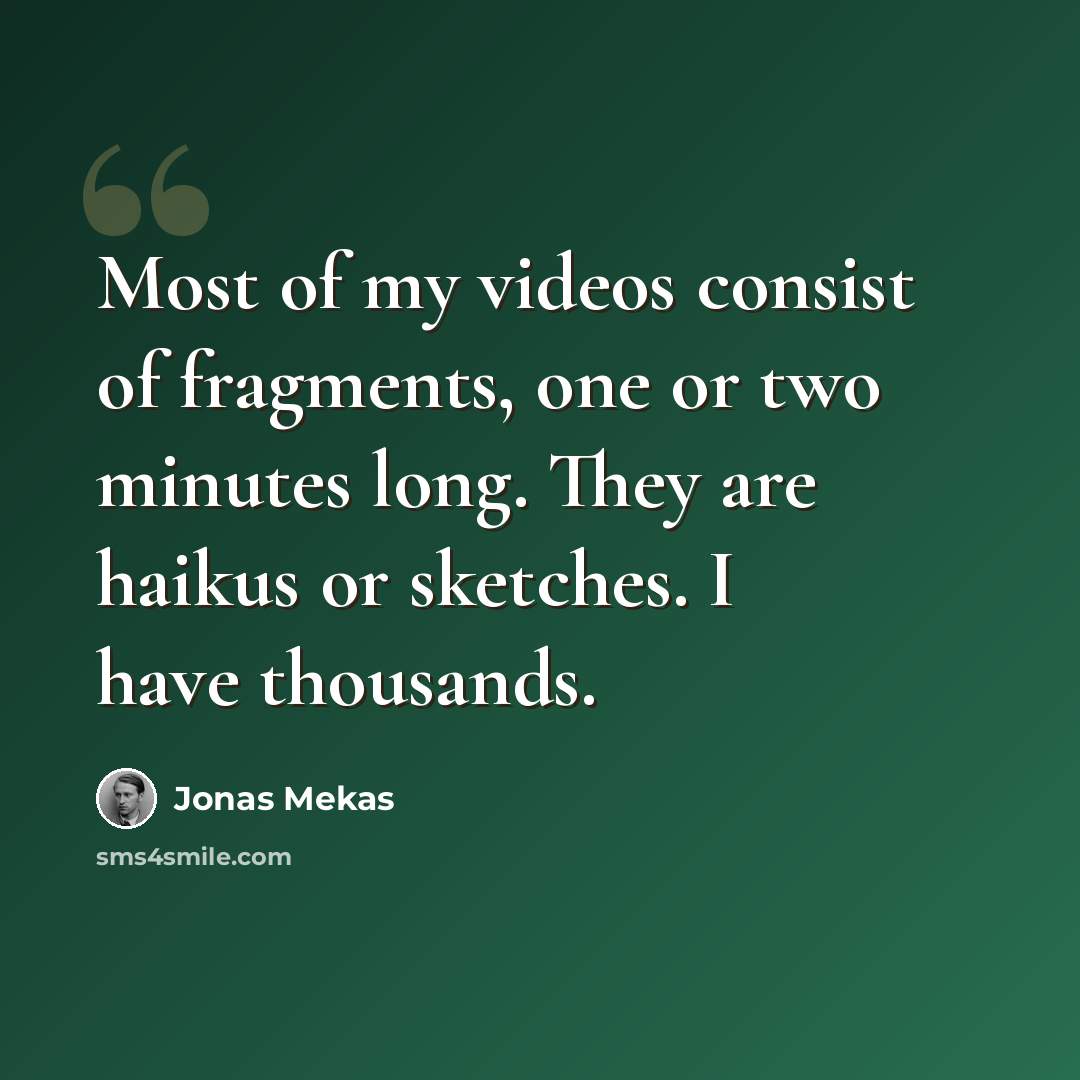 “Most of my videos consist of fragments, one or two minutes long. They are haikus or sketches. I have thousands.” quote by Jonas Mekas