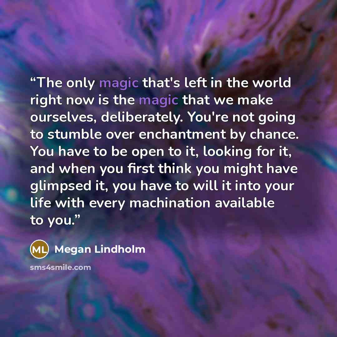 “The only magic that's left in the world right now is the magic that we make ourselves, deliberately. You're not going to stumble over enchantment by chance. You have to be open to it, looking for it, and when you first think you might have glimpsed it, you have to will it into your life with every…” quote by Megan Lindholm