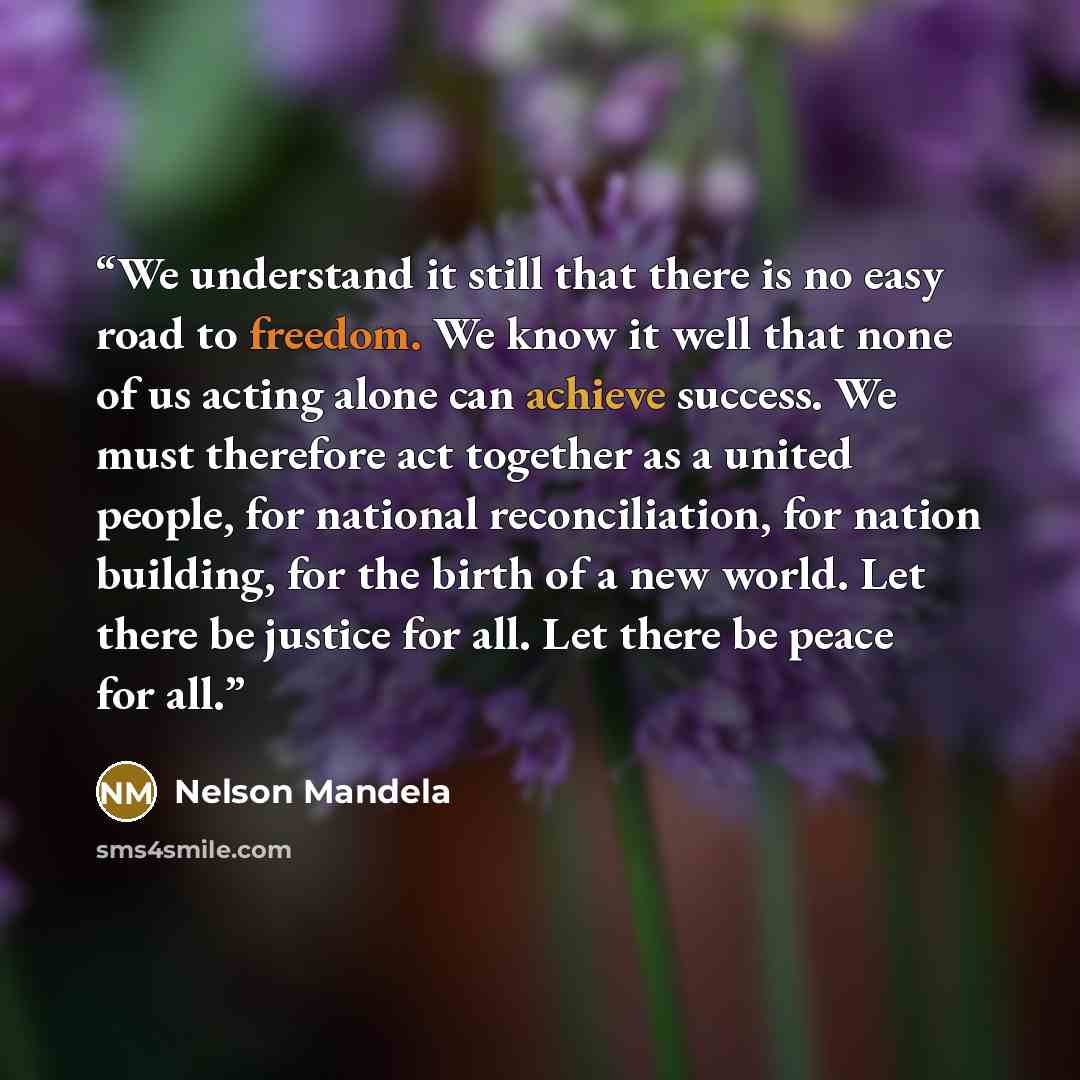 “We understand it still that there is no easy road to freedom. We know it well that none of us acting alone can achieve success. We must therefore act together as a united people, for national reconciliation, for nation building, for the birth of a new world. Let there be justice for all. Let there…” quote by Nelson Mandela