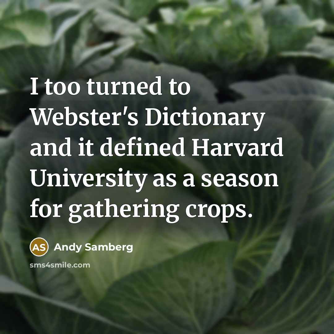 “I too turned to Webster's Dictionary and it defined Harvard University as a season for gathering crops.” quote by Andy Samberg