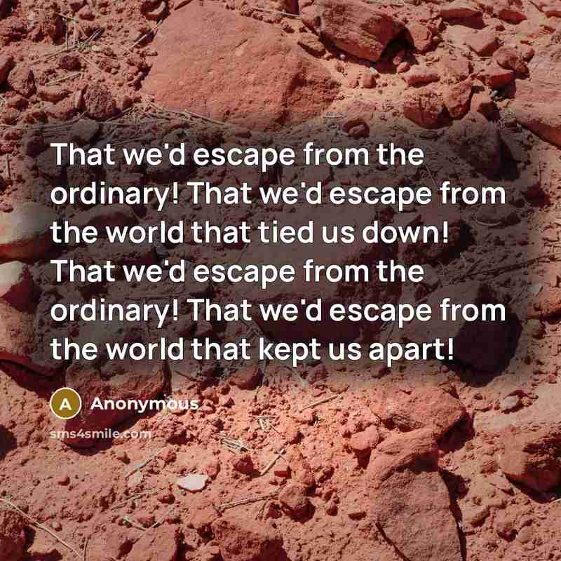 “That we'd escape from the ordinary! That we'd escape from the world that tied us down! That we'd escape from the ordinary! That we'd escape from the world that kept us apart!” quote by Anonymous