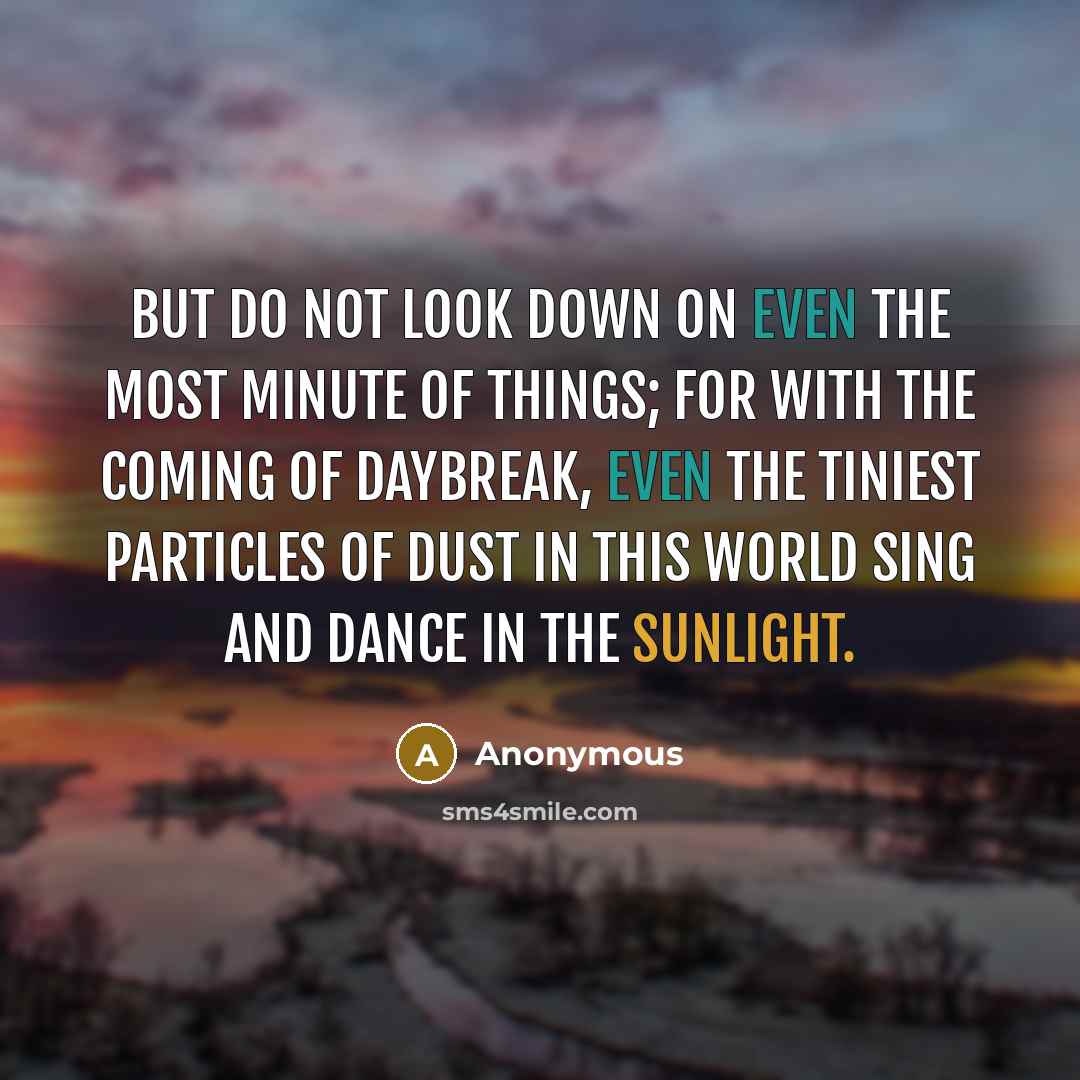 “But do not look down on even the most minute of things; for with the coming of daybreak, even the tiniest particles of dust in this world sing and dance in the sunlight.” quote by Anonymous