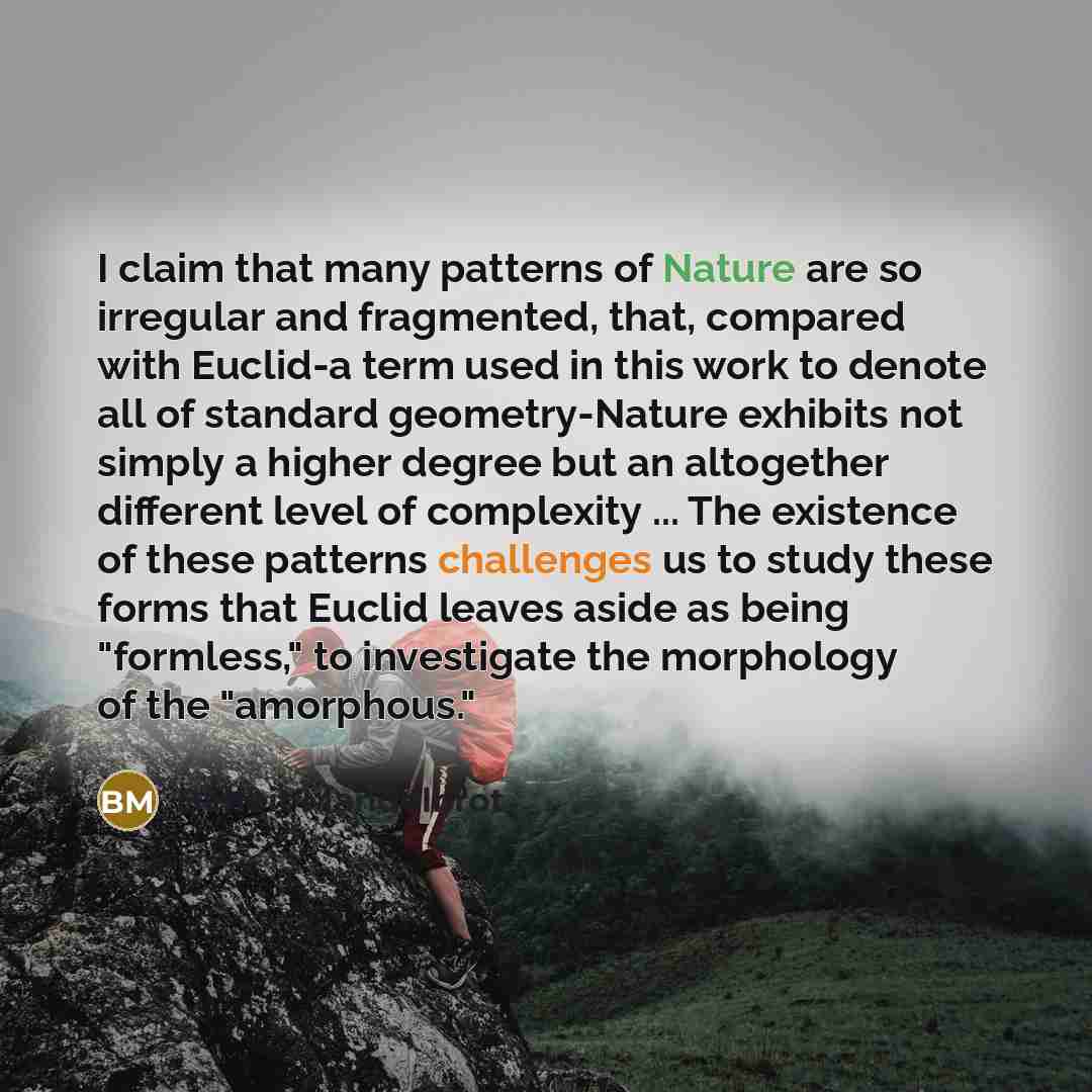 “I claim that many patterns of Nature are so irregular and fragmented, that, compared with Euclid-a term used in this work to denote all of standard geometry-Nature exhibits not simply a higher degree but an altogether different level of complexity ... The existence of these patterns challenges us…” quote by Benoit Mandelbrot