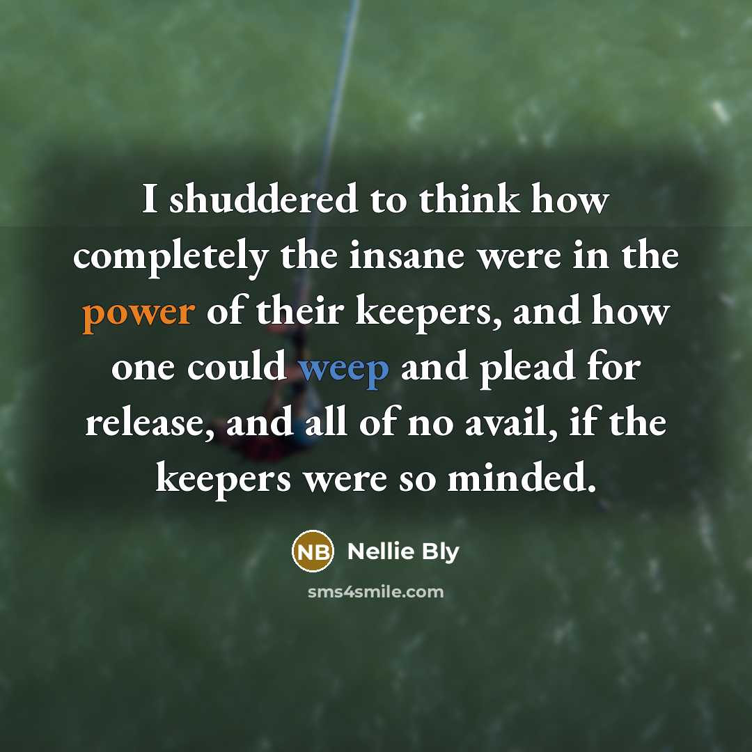“I shuddered to think how completely the insane were in the power of their keepers, and how one could weep and plead for release, and all of no avail, if the keepers were so minded.” quote by Nellie Bly