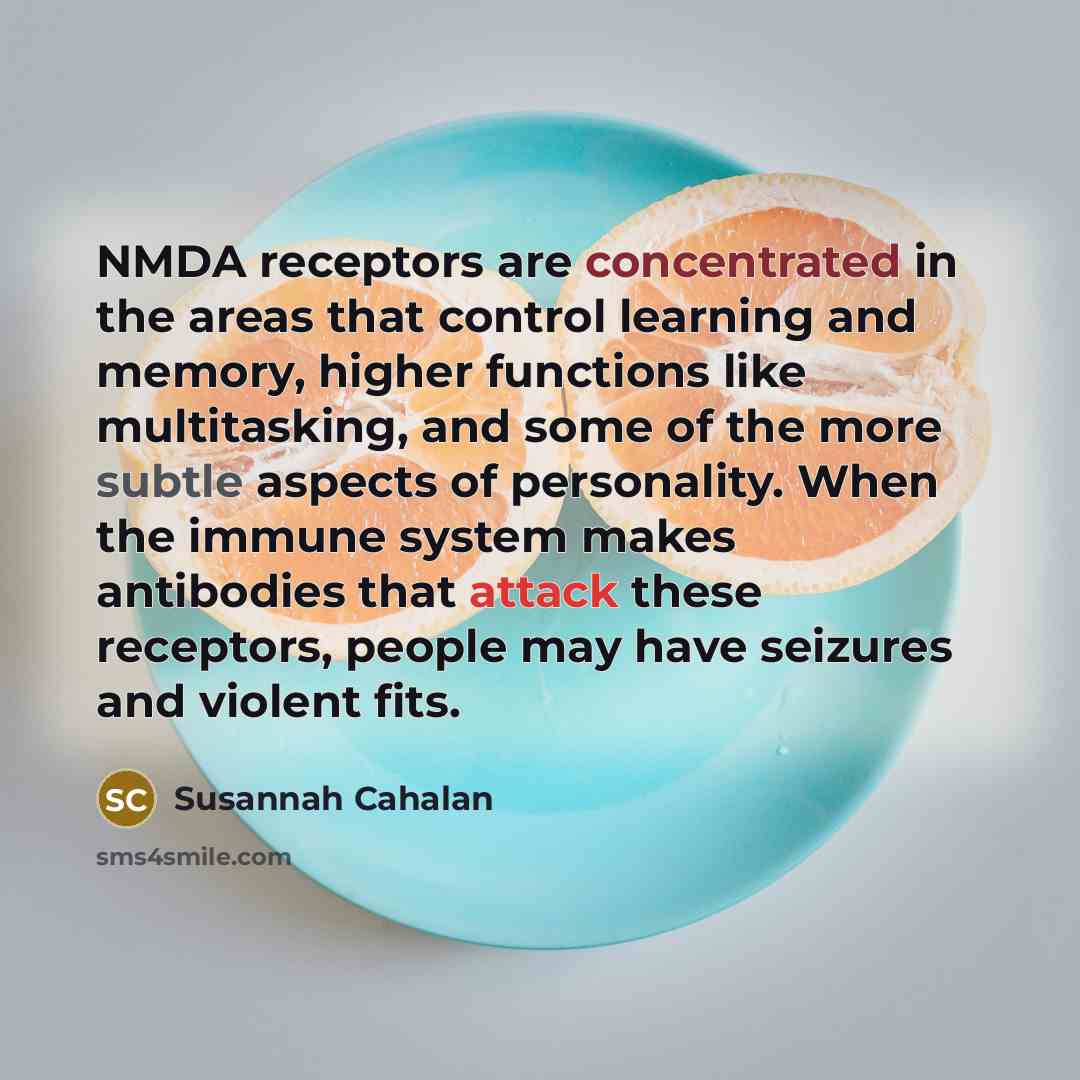 “NMDA receptors are concentrated in the areas that control learning and memory, higher functions like multitasking, and some of the more subtle aspects of personality. When the immune system makes antibodies that attack these receptors, people may have seizures and violent fits.” quote by Susannah Cahalan