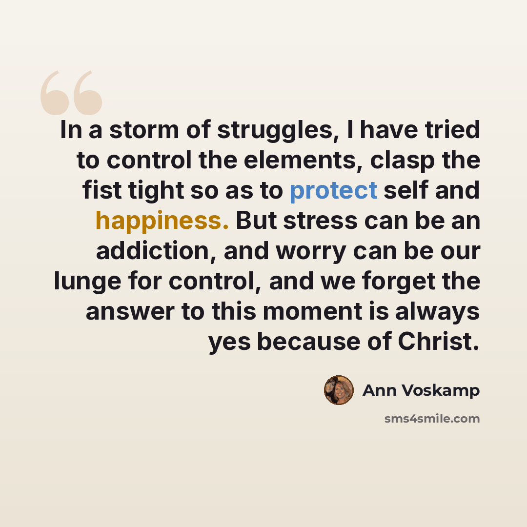 “In a storm of struggles, I have tried to control the elements, clasp the fist tight so as to protect self and happiness. But stress can be an addiction, and worry can be our lunge for control, and we forget the answer to this moment is always yes because of Christ.” quote by Ann Voskamp