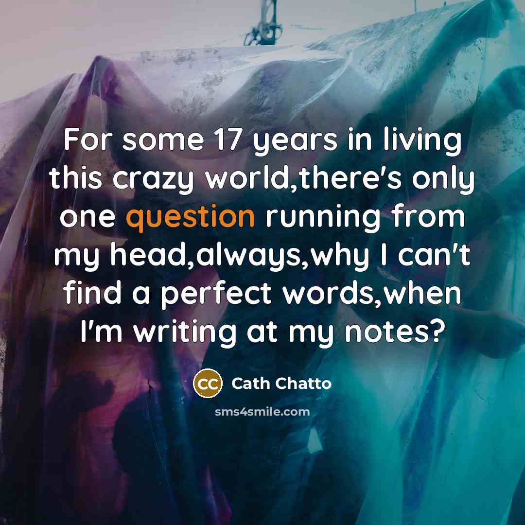 “For some 17 years in living this crazy world,there's only one question running from my head,always,why I can't find a perfect words,when I'm writing at my notes?” quote by Cath Chatto