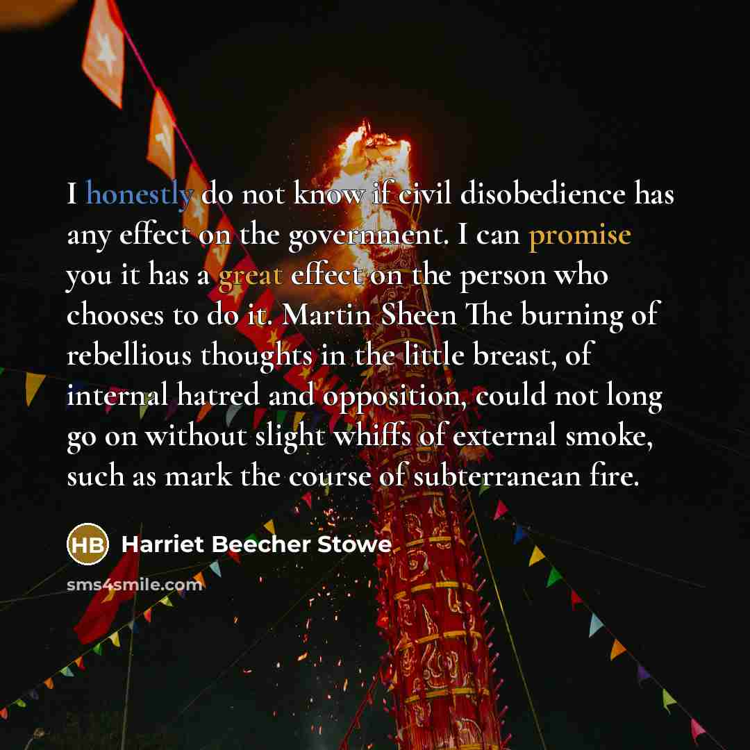 “I honestly do not know if civil disobedience has any effect on the government. I can promise you it has a great effect on the person who chooses to do it. Martin Sheen The burning of rebellious thoughts in the little breast, of internal hatred and opposition, could not long go on without slight…” quote by Harriet Beecher Stowe