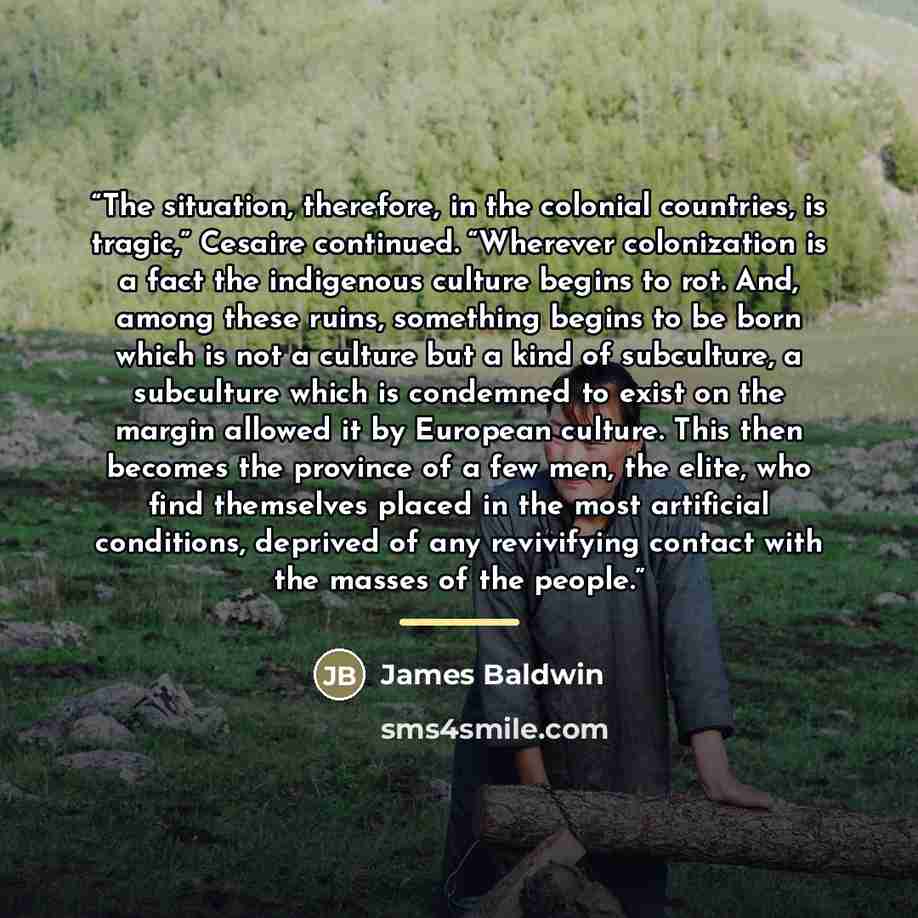 “The situation, therefore, in the colonial countries, is tragic,” Cesaire continued. “Wherever colonization is a fact the indigenous culture begins to rot. And, among these ruins, something begins to be born which is not a culture but a kind of subculture, a subculture which is condemned to exist…” quote by James Baldwin