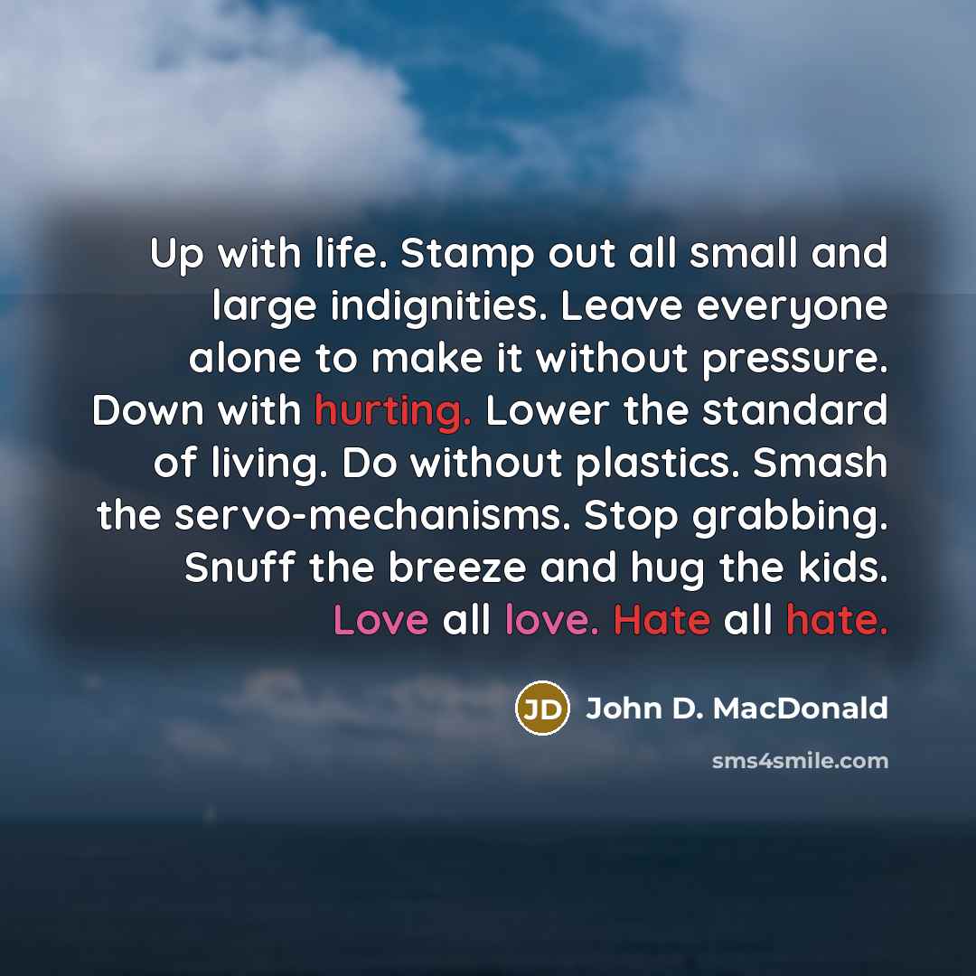 “Up with life. Stamp out all small and large indignities. Leave everyone alone to make it without pressure. Down with hurting. Lower the standard of living. Do without plastics. Smash the servo-mechanisms. Stop grabbing. Snuff the breeze and hug the kids. Love all love. Hate all hate.” quote by John D. MacDonald