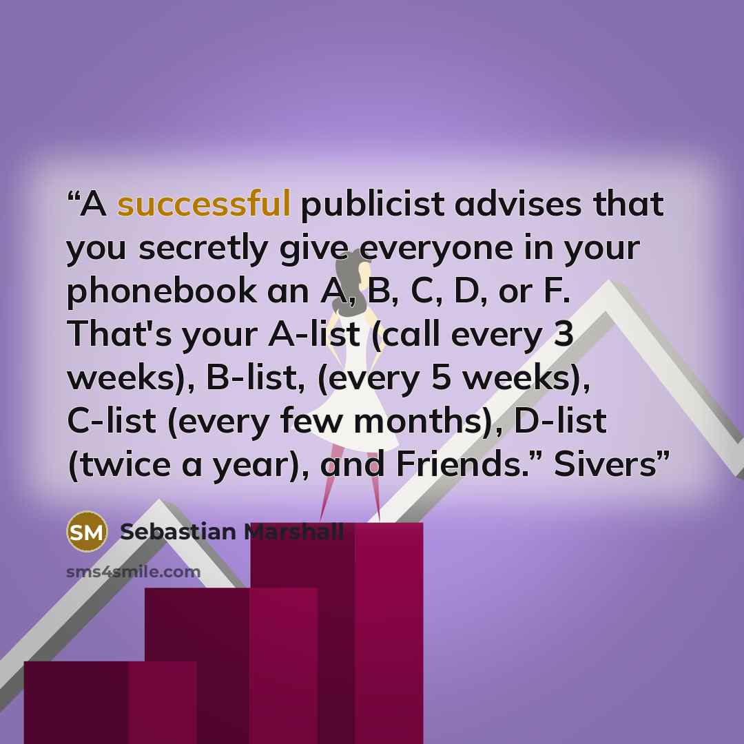 “A successful publicist advises that you secretly give everyone in your phonebook an A, B, C, D, or F. That's your A-list (call every 3 weeks), B-list, (every 5 weeks), C-list (every few months), D-list (twice a year), and Friends.” Sivers” quote by Sebastian Marshall
