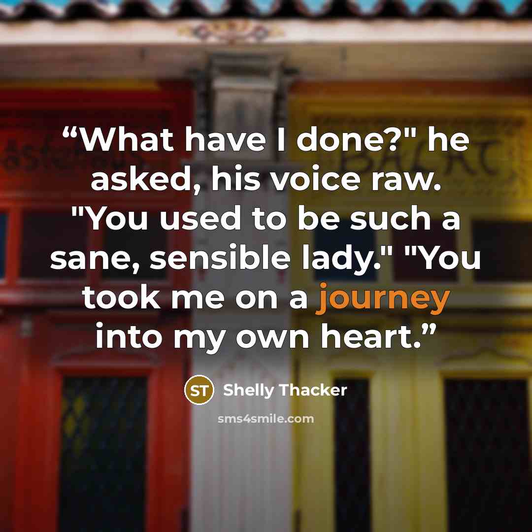 “What have I done?" he asked, his voice raw. "You used to be such a sane, sensible lady." "You took me on a journey into my own heart.” quote by Shelly Thacker