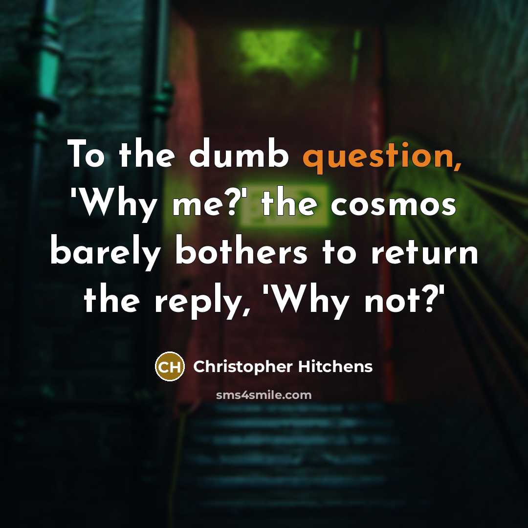 “To the dumb question, 'Why me?' the cosmos barely bothers to return the reply, 'Why not?'” quote by Christopher Hitchens