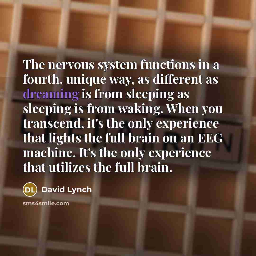“The nervous system functions in a fourth, unique way, as different as dreaming is from sleeping as sleeping is from waking. When you transcend, it's the only experience that lights the full brain on an EEG machine. It's the only experience that utilizes the full brain.” quote by David Lynch