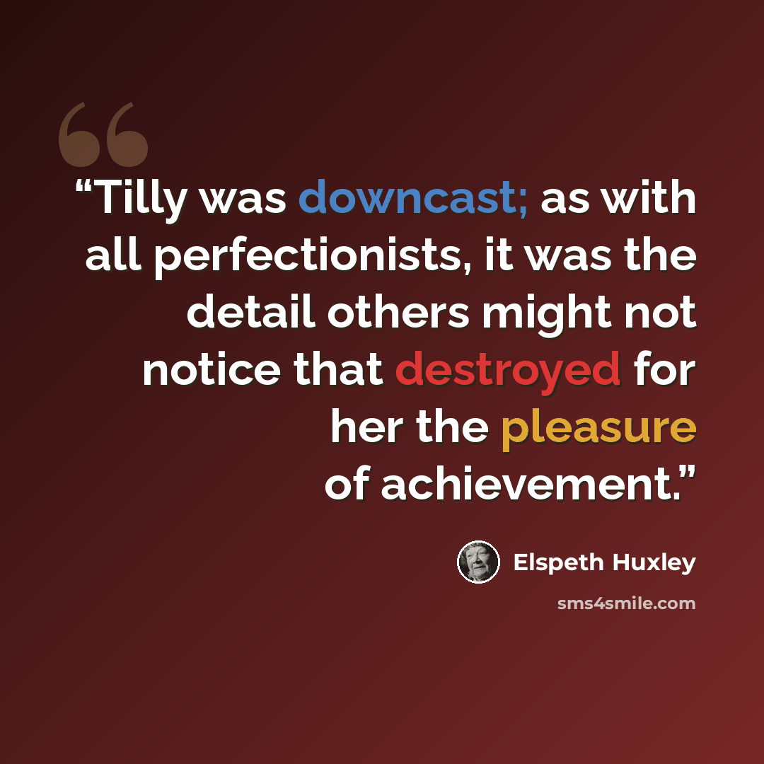 “Tilly was downcast; as with all perfectionists, it was the detail others might not notice that destroyed for her the pleasure of achievement.” quote by Elspeth Huxley