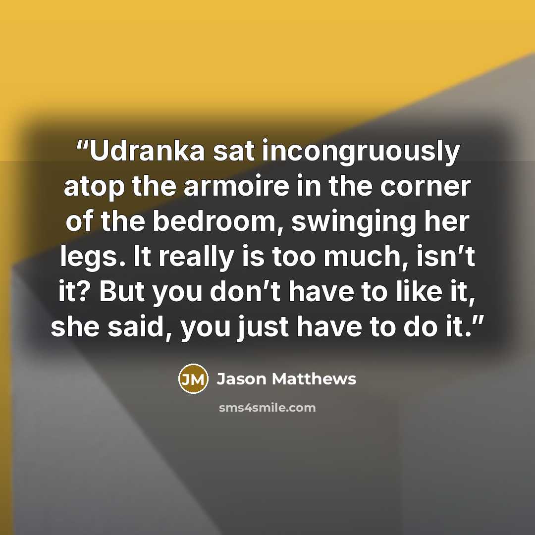“Udranka sat incongruously atop the armoire in the corner of the bedroom, swinging her legs. It really is too much, isn’t it? But you don’t have to like it, she said, you just have to do it.” quote by Jason Matthews
