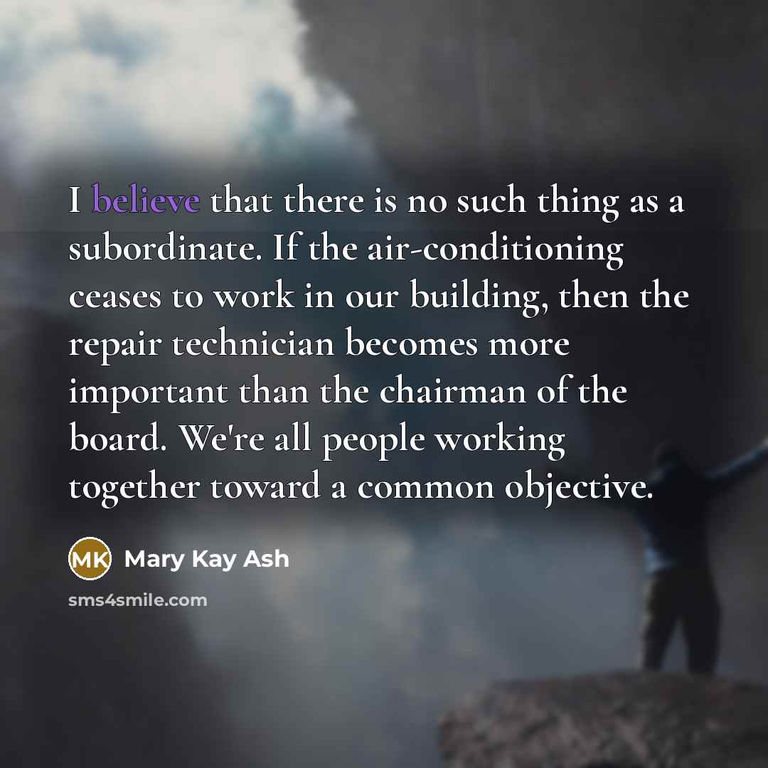 “I believe that there is no such thing as a subordinate. If the air-conditioning ceases to work in our building, then the repair technician becomes more important than the chairman of the board. We're all people working together toward a common objective.” quote by Mary Kay Ash
