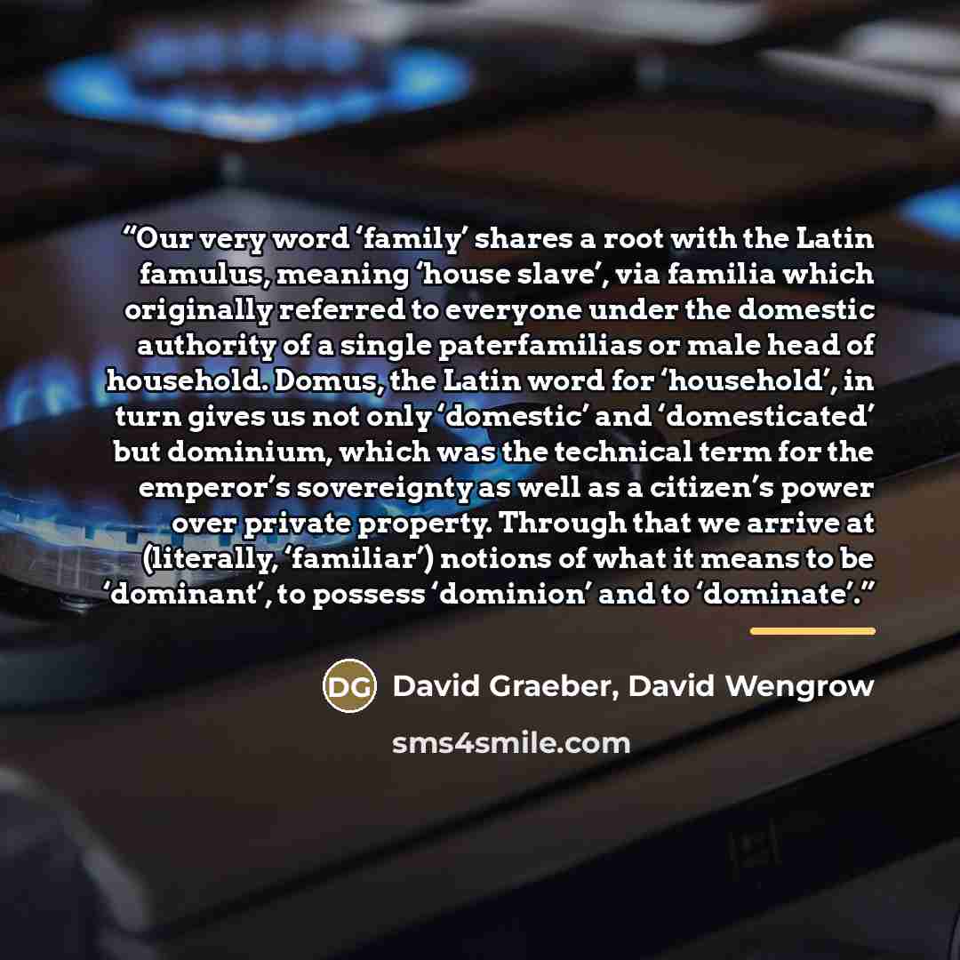 “Our very word ‘family’ shares a root with the Latin famulus, meaning ‘house slave’, via familia which originally referred to everyone under the domestic authority of a single paterfamilias or male head of household. Domus, the Latin word for ‘household’, in turn gives us not only ‘domestic’ and…” quote by David Graeber, David Wengrow