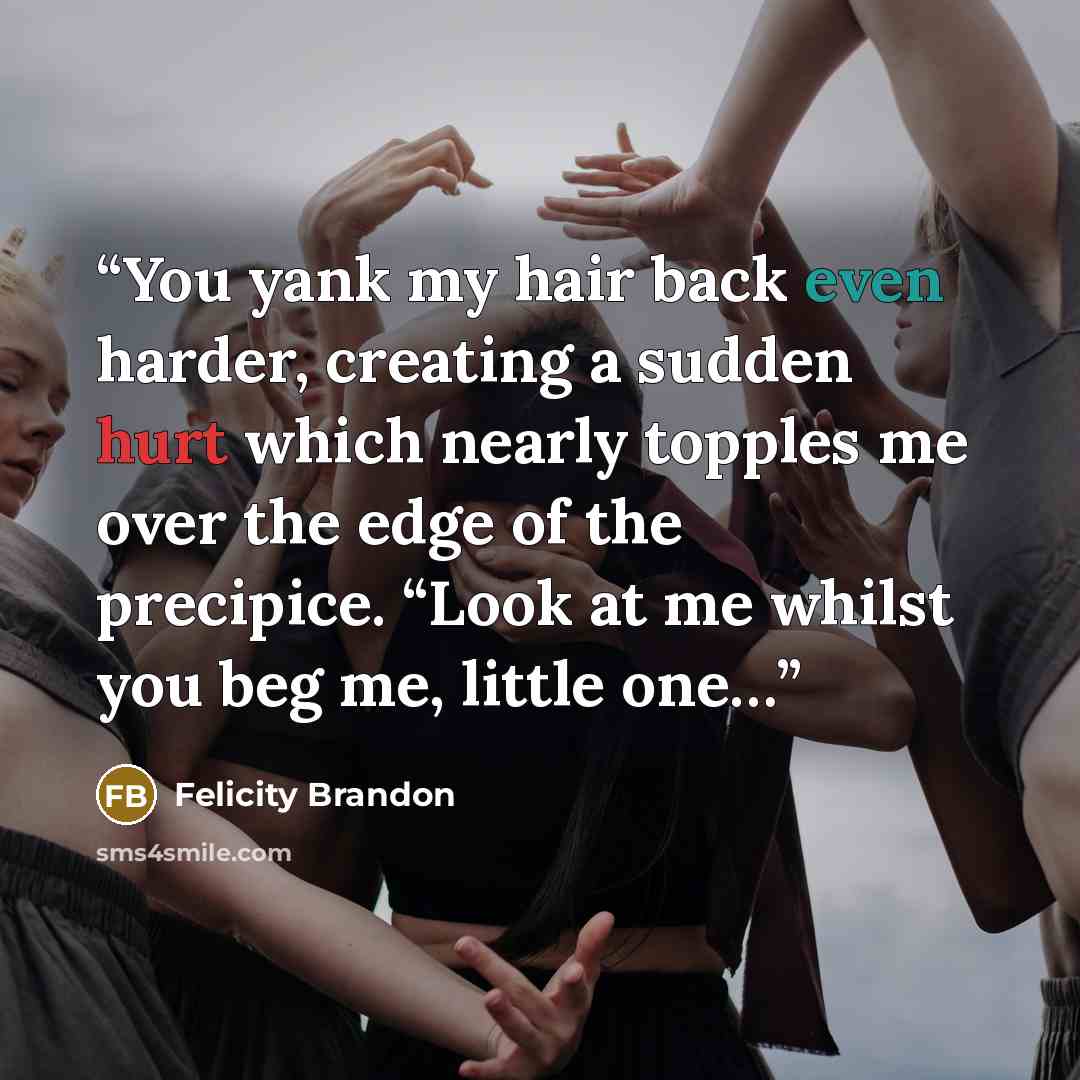 “You yank my hair back even harder, creating a sudden hurt which nearly topples me over the edge of the precipice. “Look at me whilst you beg me, little one…” quote by Felicity Brandon