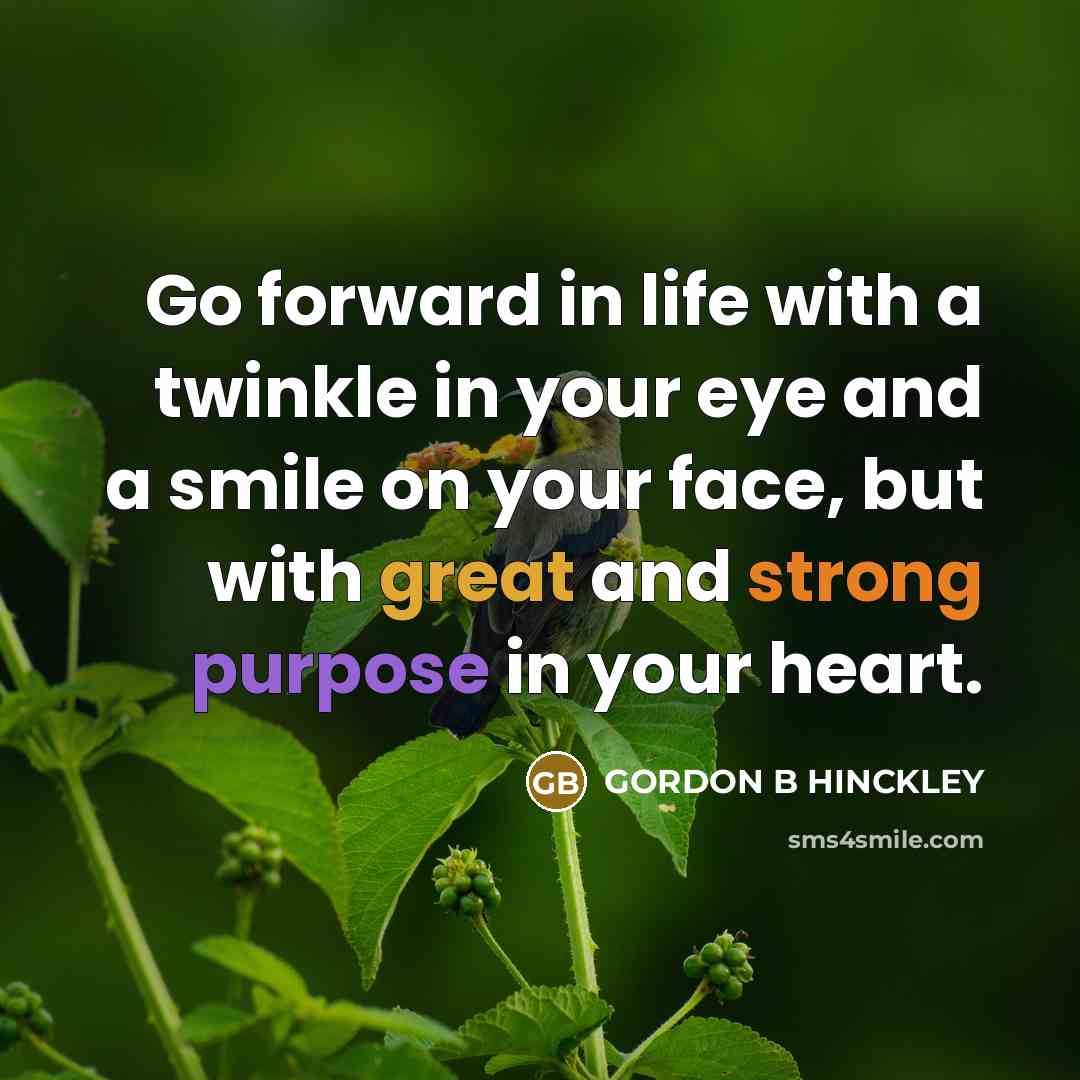 “Go forward in life with a twinkle in your eye and a smile on your face, but with great and strong purpose in your heart.” quote by Gordon B Hinckley
