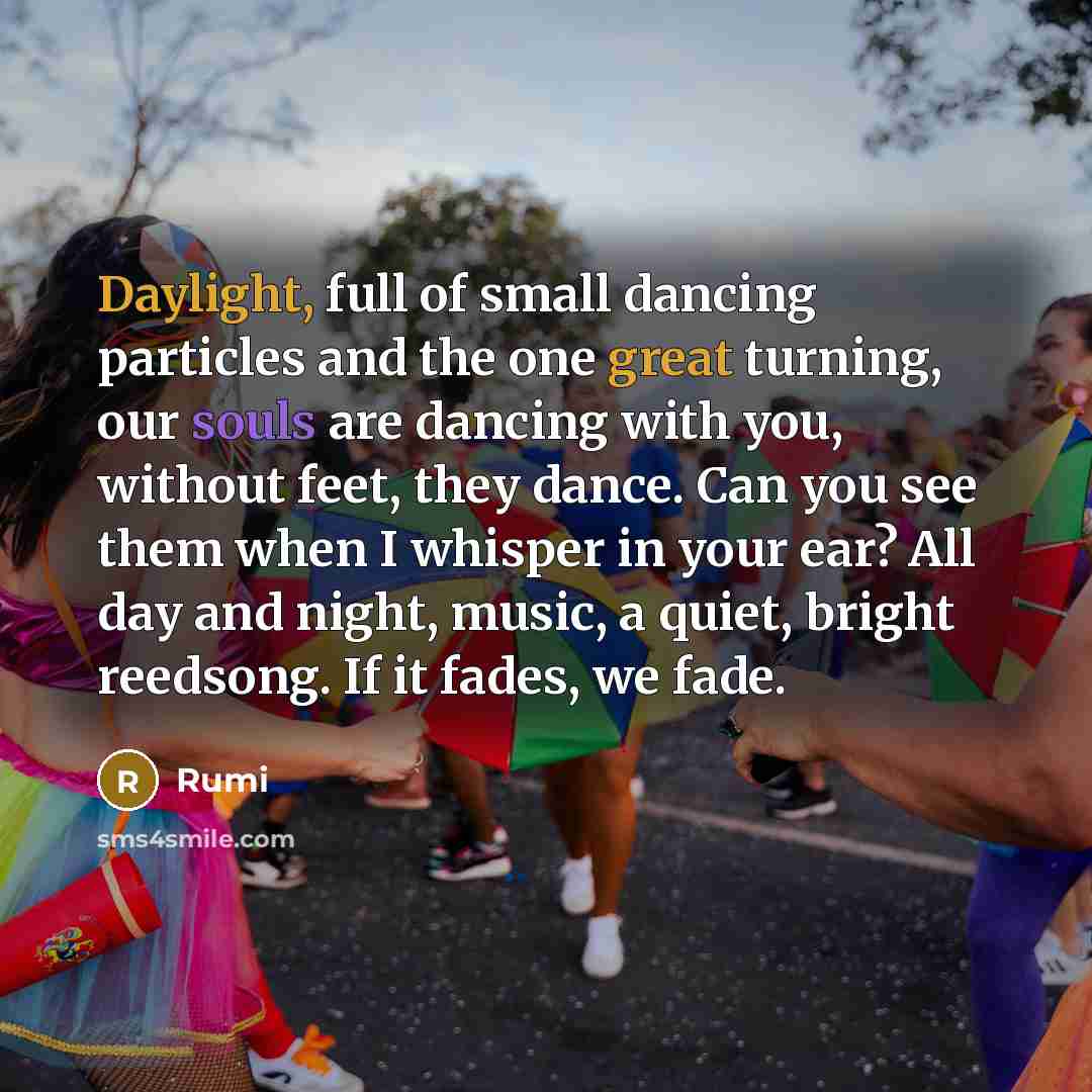 “Daylight, full of small dancing particles and the one great turning, our souls are dancing with you, without feet, they dance. Can you see them when I whisper in your ear? All day and night, music, a quiet, bright reedsong. If it fades, we fade.” quote by Rumi