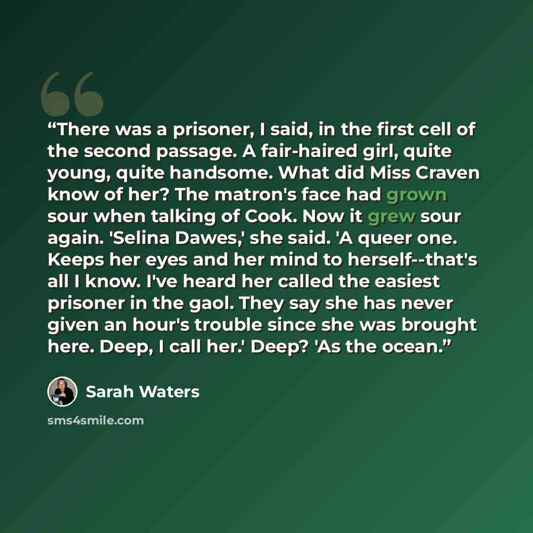 “There was a prisoner, I said, in the first cell of the second passage. A fair-haired girl, quite young, quite handsome. What did Miss Craven know of her? The matron's face had grown sour when talking of Cook. Now it grew sour again. 'Selina Dawes,' she said. 'A queer one. Keeps her eyes and her…” quote by Sarah Waters
