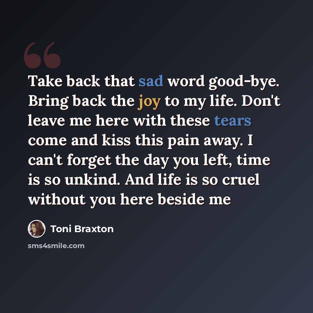 “Take back that sad word good-bye. Bring back the joy to my life. Don't leave me here with these tears come and kiss this pain away. I can't forget the day you left, time is so unkind. And life is so cruel without you here beside me” quote by Toni Braxton