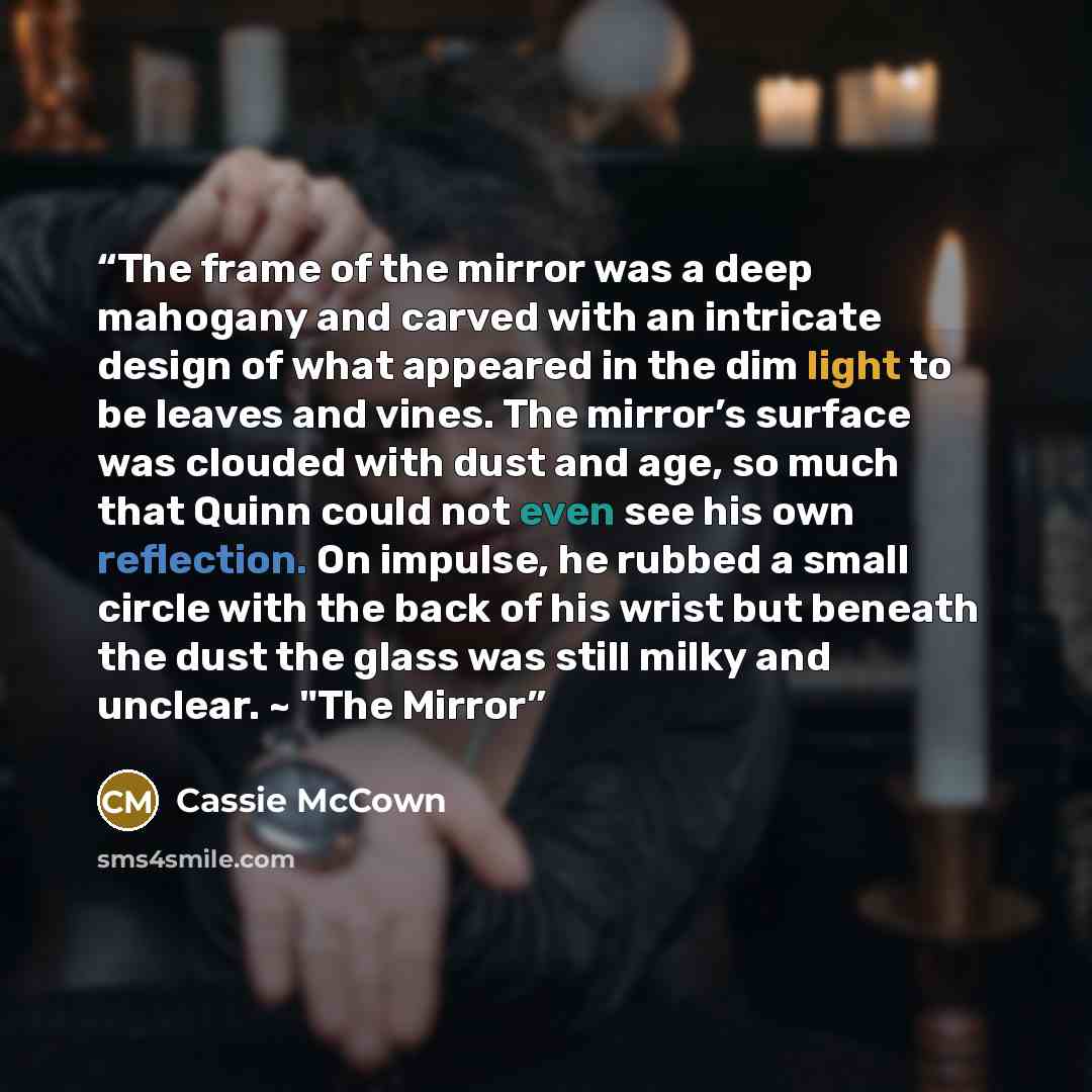 “The frame of the mirror was a deep mahogany and carved with an intricate design of what appeared in the dim light to be leaves and vines. The mirror’s surface was clouded with dust and age, so much that Quinn could not even see his own reflection. On impulse, he rubbed a small circle with the back…” quote by Cassie McCown