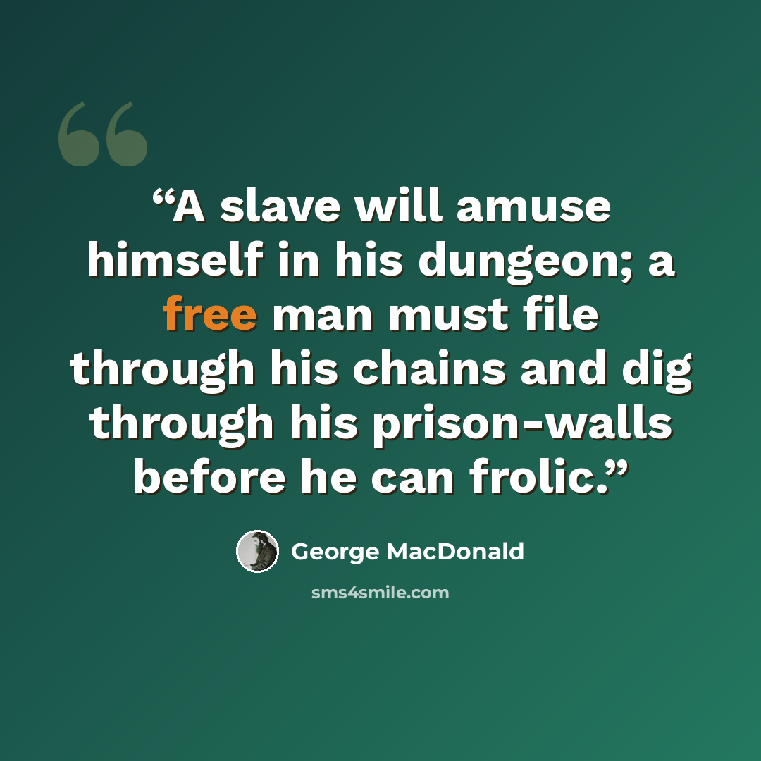 “A slave will amuse himself in his dungeon; a free man must file through his chains and dig through his prison-walls before he can frolic.” quote by George MacDonald