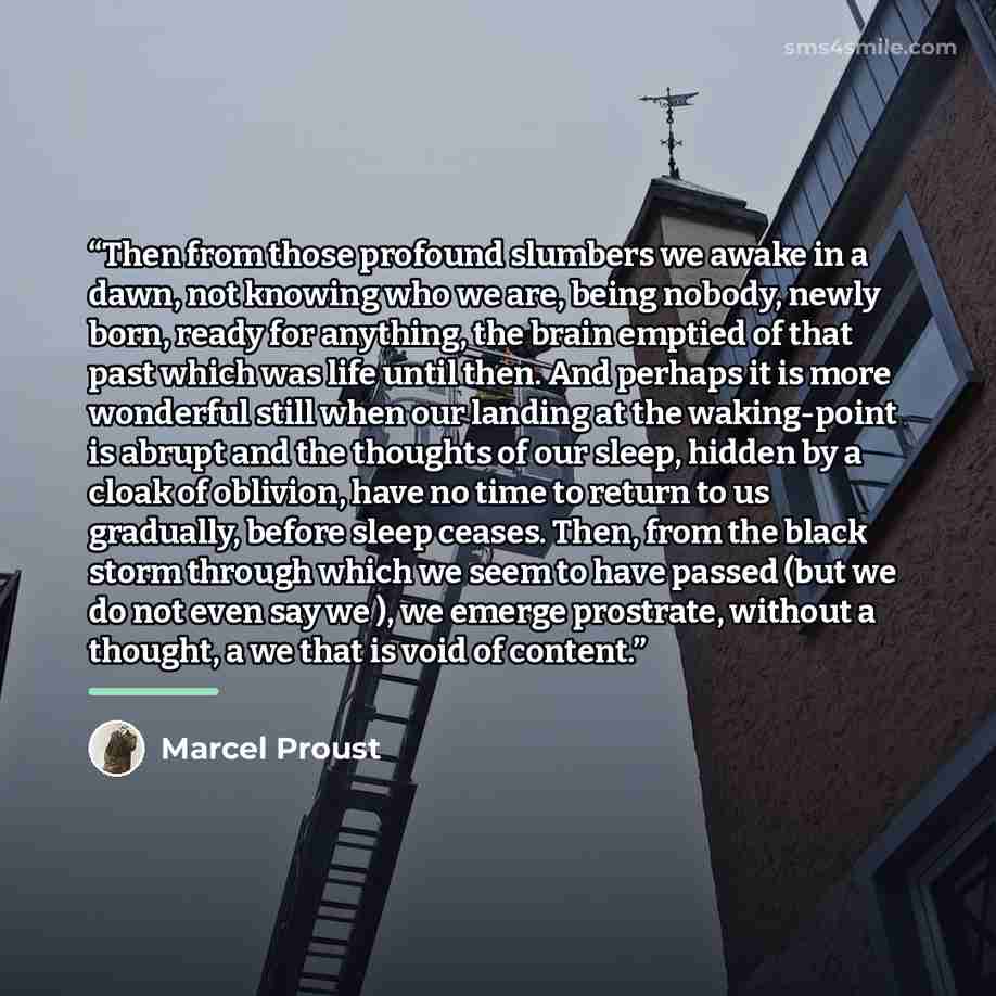 “Then from those profound slumbers we awake in a dawn, not knowing who we are, being nobody, newly born, ready for anything, the brain emptied of that past which was life until then. And perhaps it is more wonderful still when our landing at the waking-point is abrupt and the thoughts of our sleep…” quote by Marcel Proust