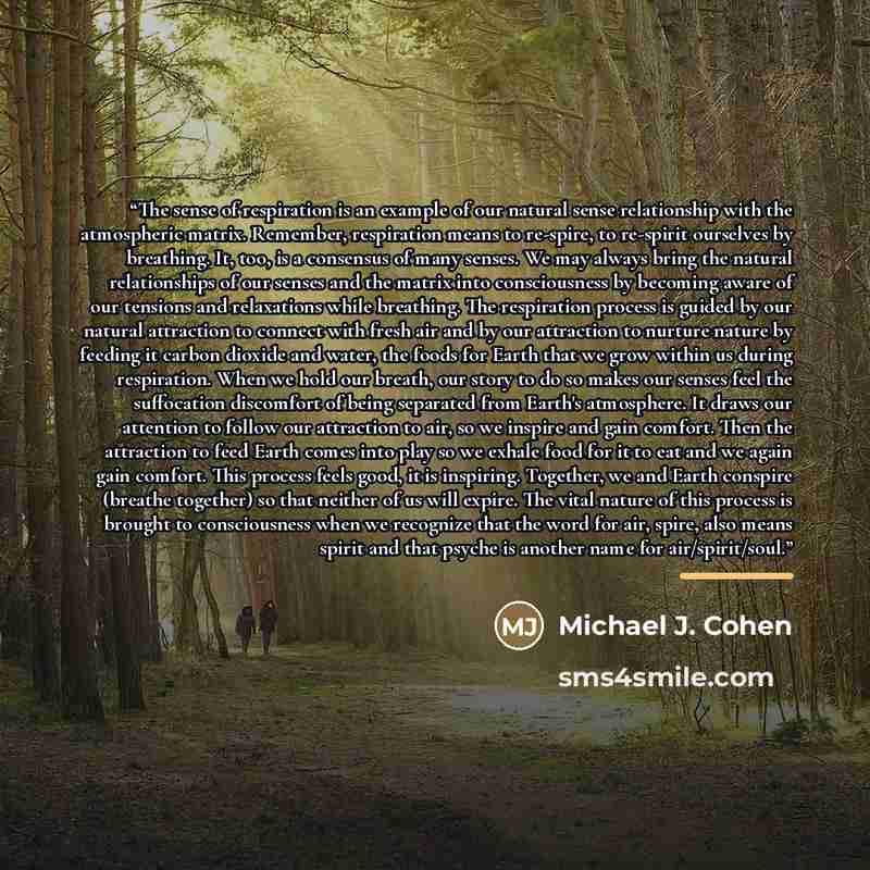 “The sense of respiration is an example of our natural sense relationship with the atmospheric matrix. Remember, respiration means to re-spire, to re-spirit ourselves by breathing. It, too, is a consensus of many senses. We may always bring the natural relationships of our senses and the matrix…” quote by Michael J. Cohen