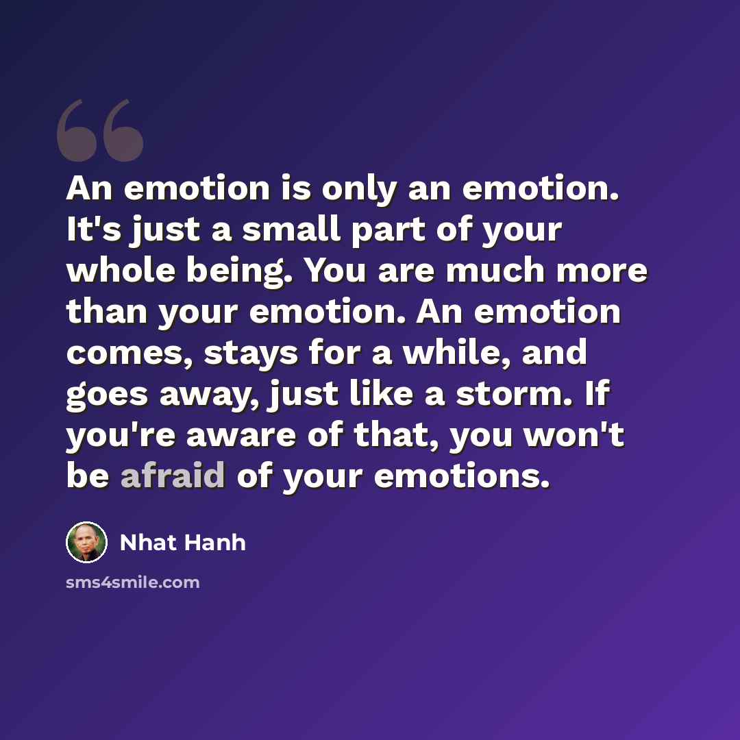 “An emotion is only an emotion. It's just a small part of your whole being. You are much more than your emotion. An emotion comes, stays for a while, and goes away, just like a storm. If you're aware of that, you won't be afraid of your emotions.” quote by Nhat Hanh