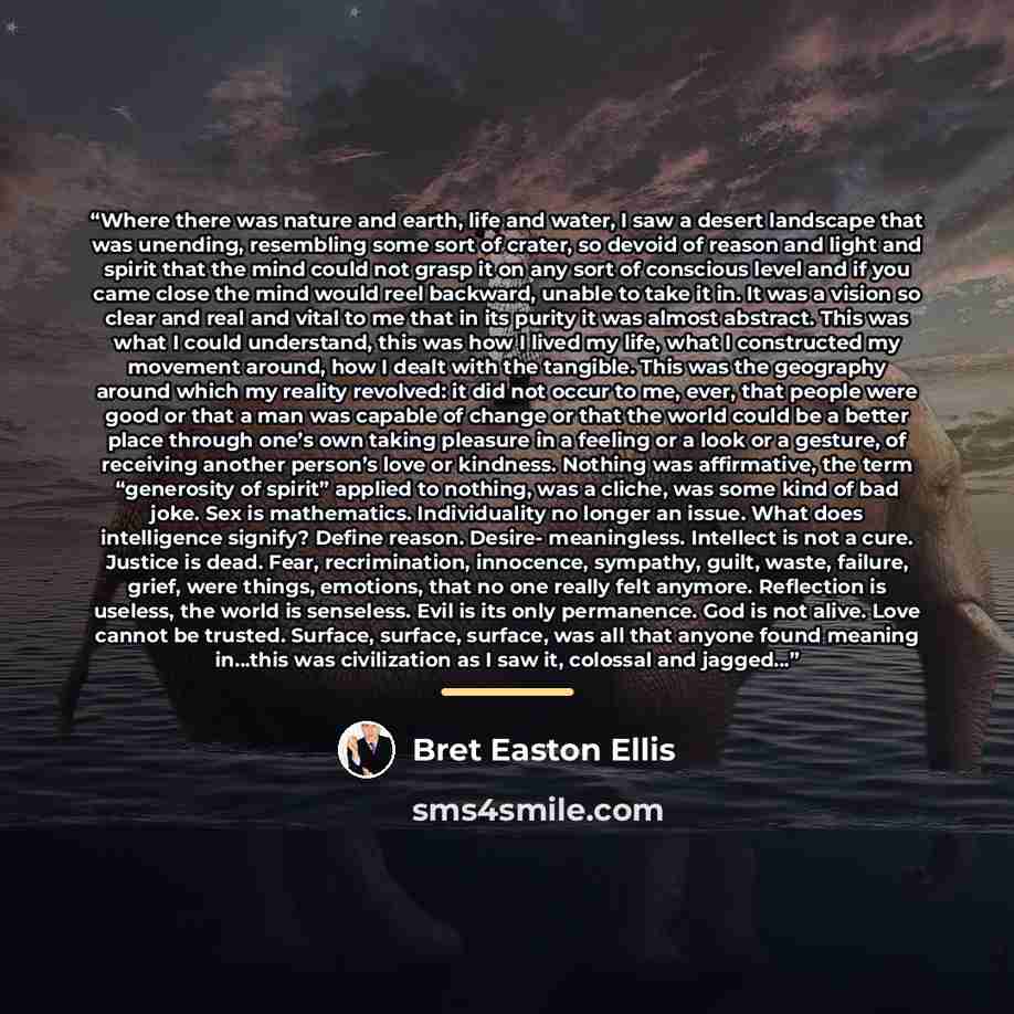 “Where there was nature and earth, life and water, I saw a desert landscape that was unending, resembling some sort of crater, so devoid of reason and light and spirit that the mind could not grasp it on any sort of conscious level and if you came close the mind would reel backward, unable to take…” quote by Bret Easton Ellis