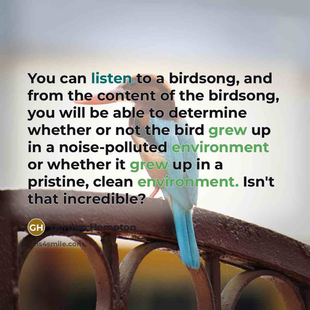 “You can listen to a birdsong, and from the content of the birdsong, you will be able to determine whether or not the bird grew up in a noise-polluted environment or whether it grew up in a pristine, clean environment. Isn't that incredible?” quote by Gordon Hempton