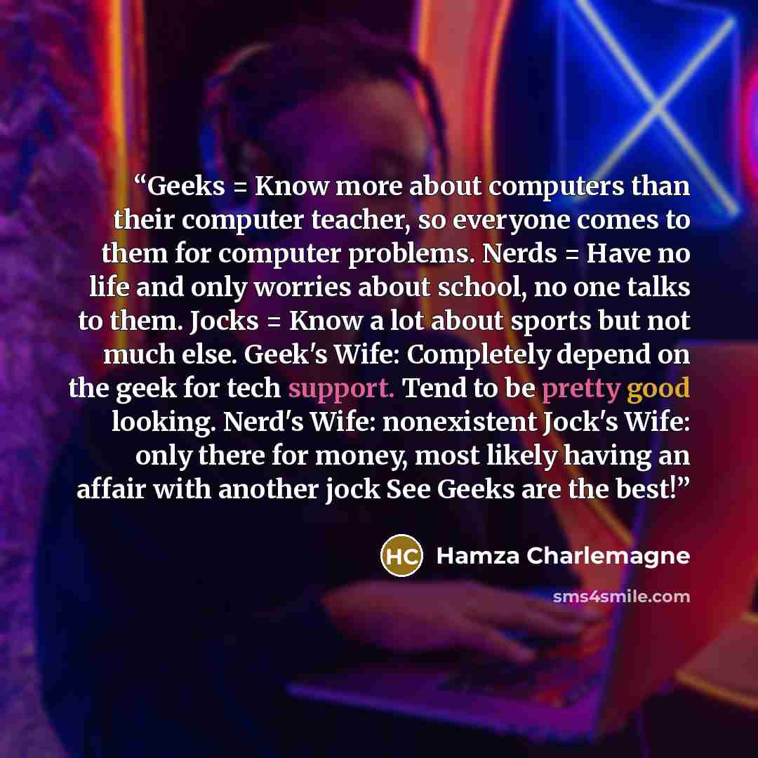 “Geeks = Know more about computers than their computer teacher, so everyone comes to them for computer problems. Nerds = Have no life and only worries about school, no one talks to them. Jocks = Know a lot about sports but not much else. Geek's Wife: Completely depend on the geek for tech support…” quote by Hamza Charlemagne