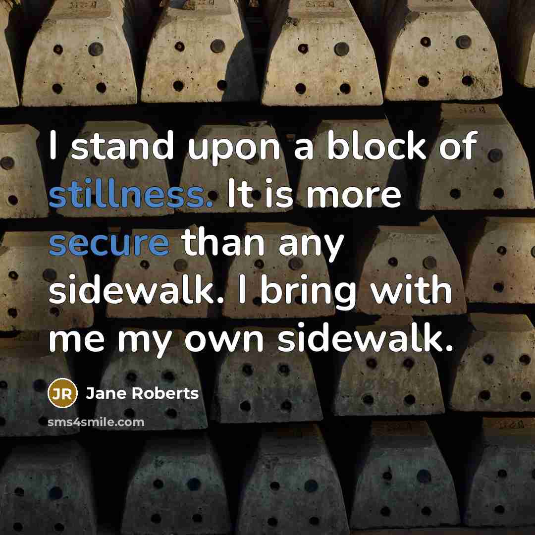 “I stand upon a block of stillness. It is more secure than any sidewalk. I bring with me my own sidewalk.” quote by Jane Roberts