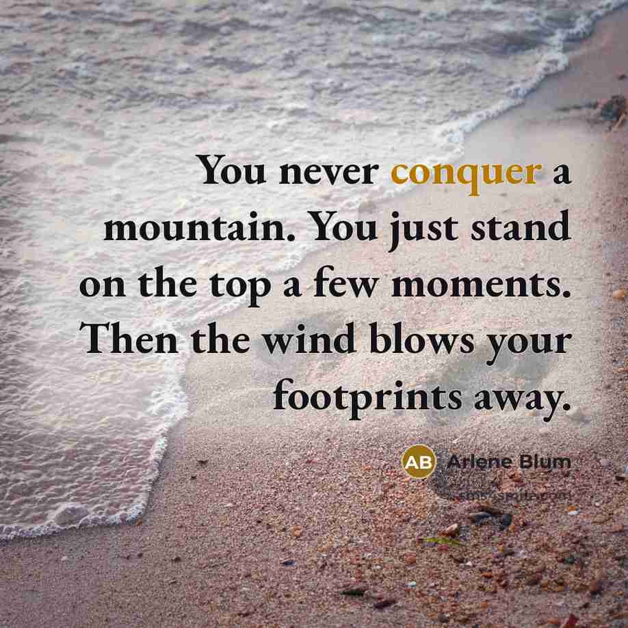“You never conquer a mountain. You just stand on the top a few moments. Then the wind blows your footprints away.” quote by Arlene Blum